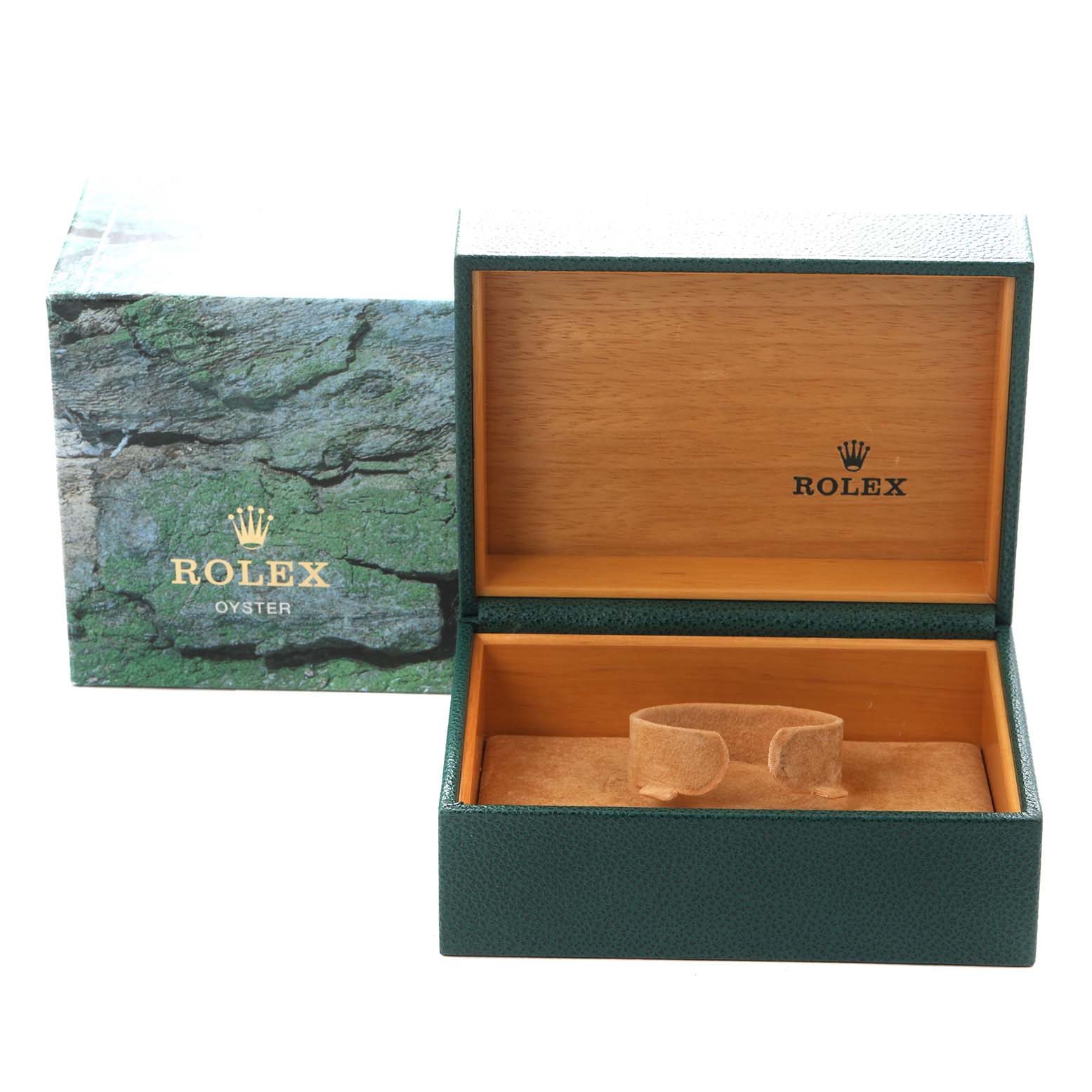 The image shows an open Rolex Daytona 16520 Men's Stainless Steel Black Dial watch box and outer packaging from a front angle.