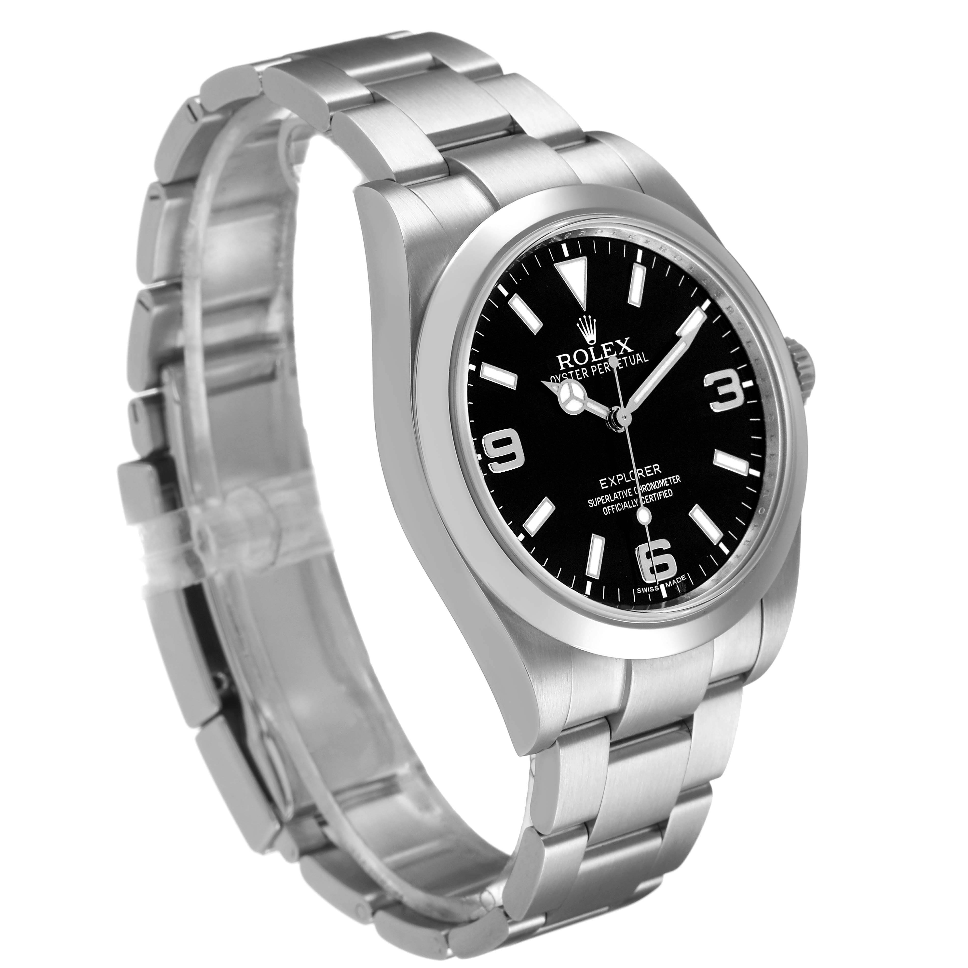 The Rolex Explorer 214270 Men's Stainless Steel Black Dial watch is shown at a three-quarter angle, highlighting the dial, bezel, and bracelet.