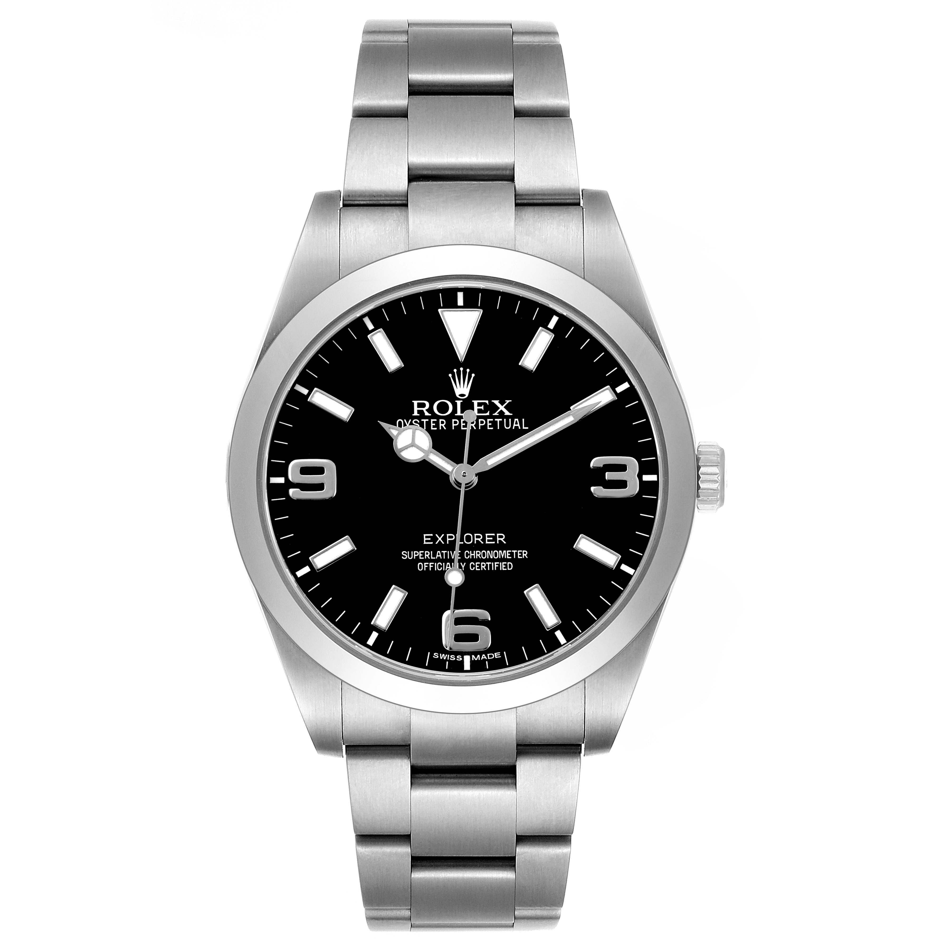 The Rolex Explorer 214270 Men's Stainless Steel Black Dial watch is shown from the front, displaying the face, bezel, and bracelet.