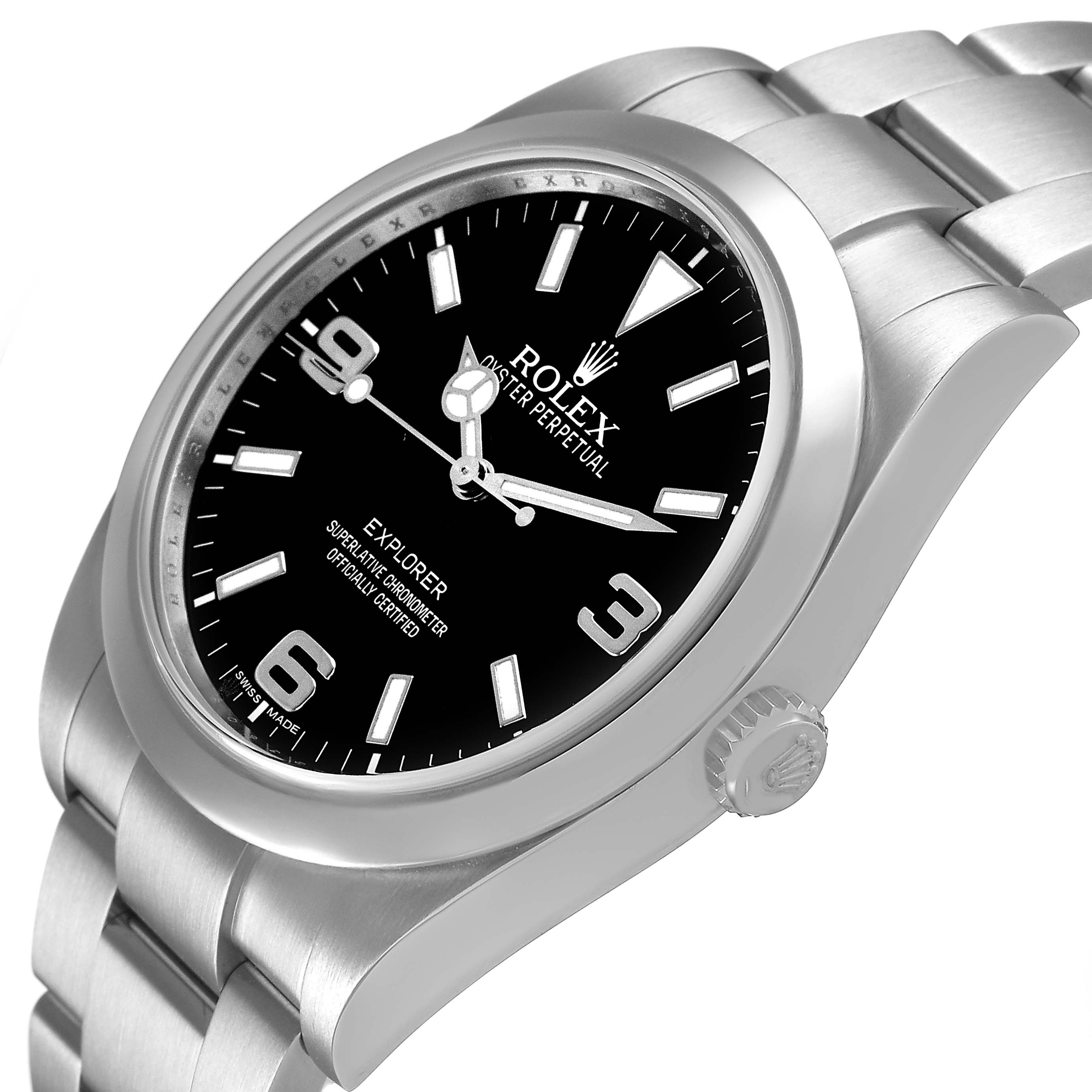 The image shows a Rolex Explorer 214270 Men's Stainless Steel Black Dial watch at a slight oblique angle, highlighting the bezel, crown, and bracelet.