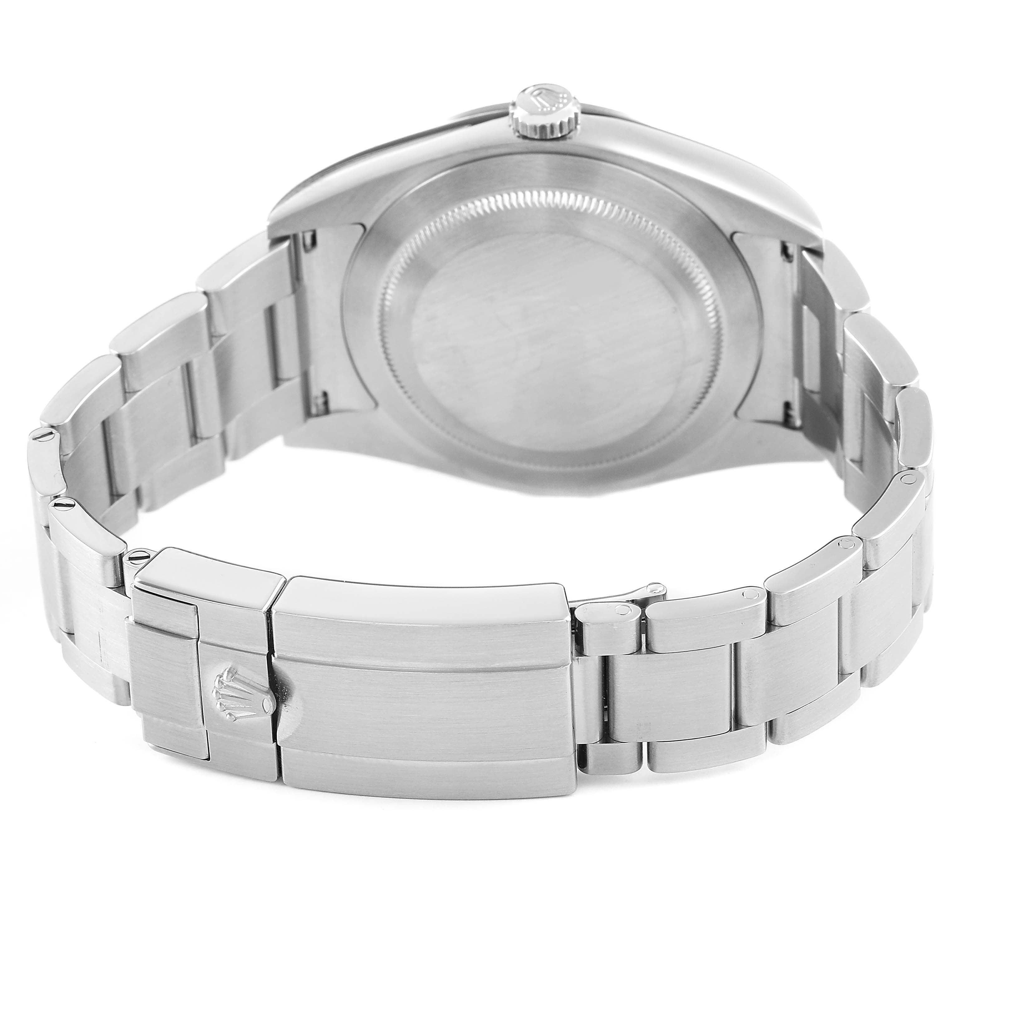 The image shows the back and bracelet of a Rolex Explorer 214270 Men's Stainless Steel Black Dial watch from a rear angle, highlighting the clasp and case back.