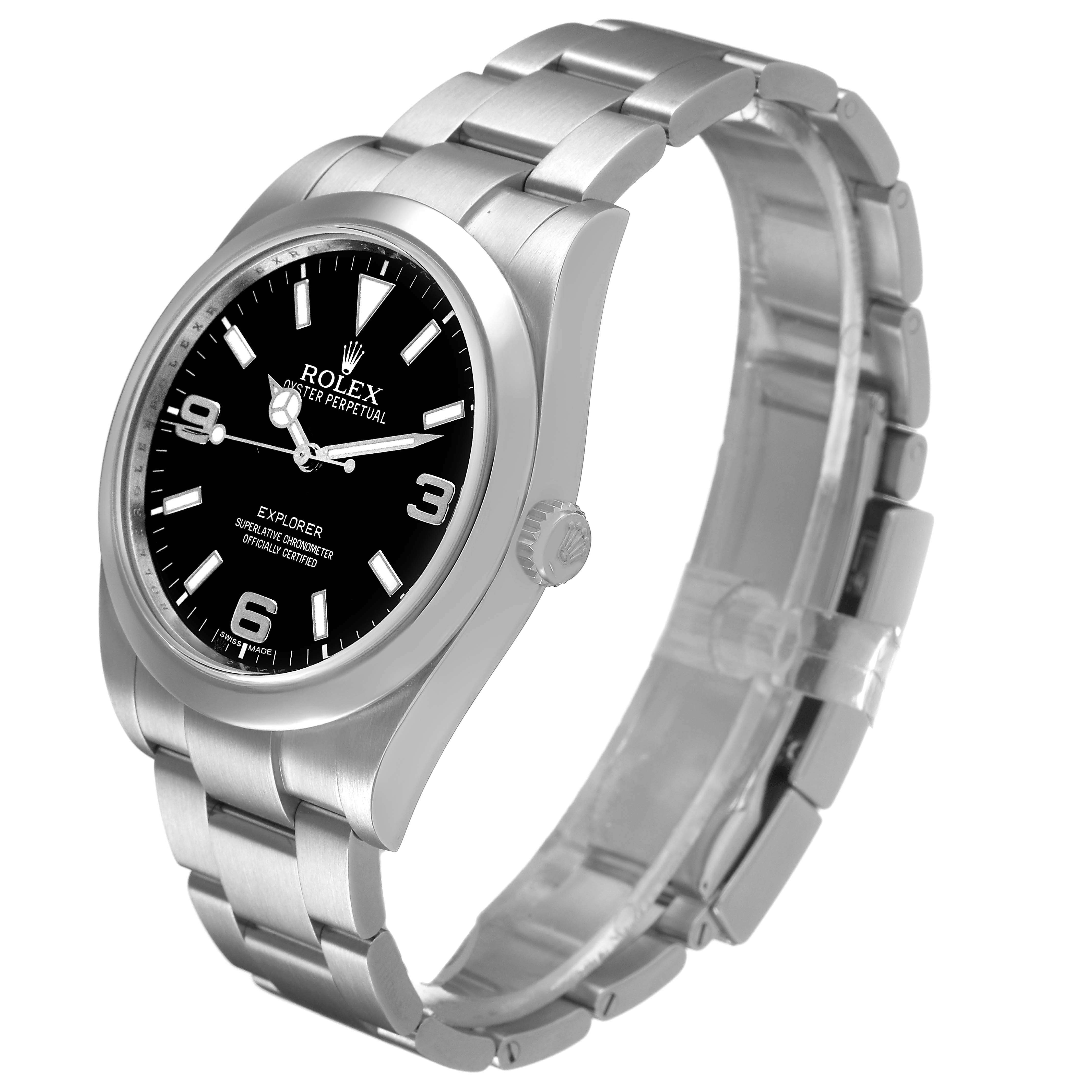 The Rolex Explorer 214270 Men's Stainless Steel Black Dial watch is shown at an angle displaying the face, crown, and part of the bracelet.