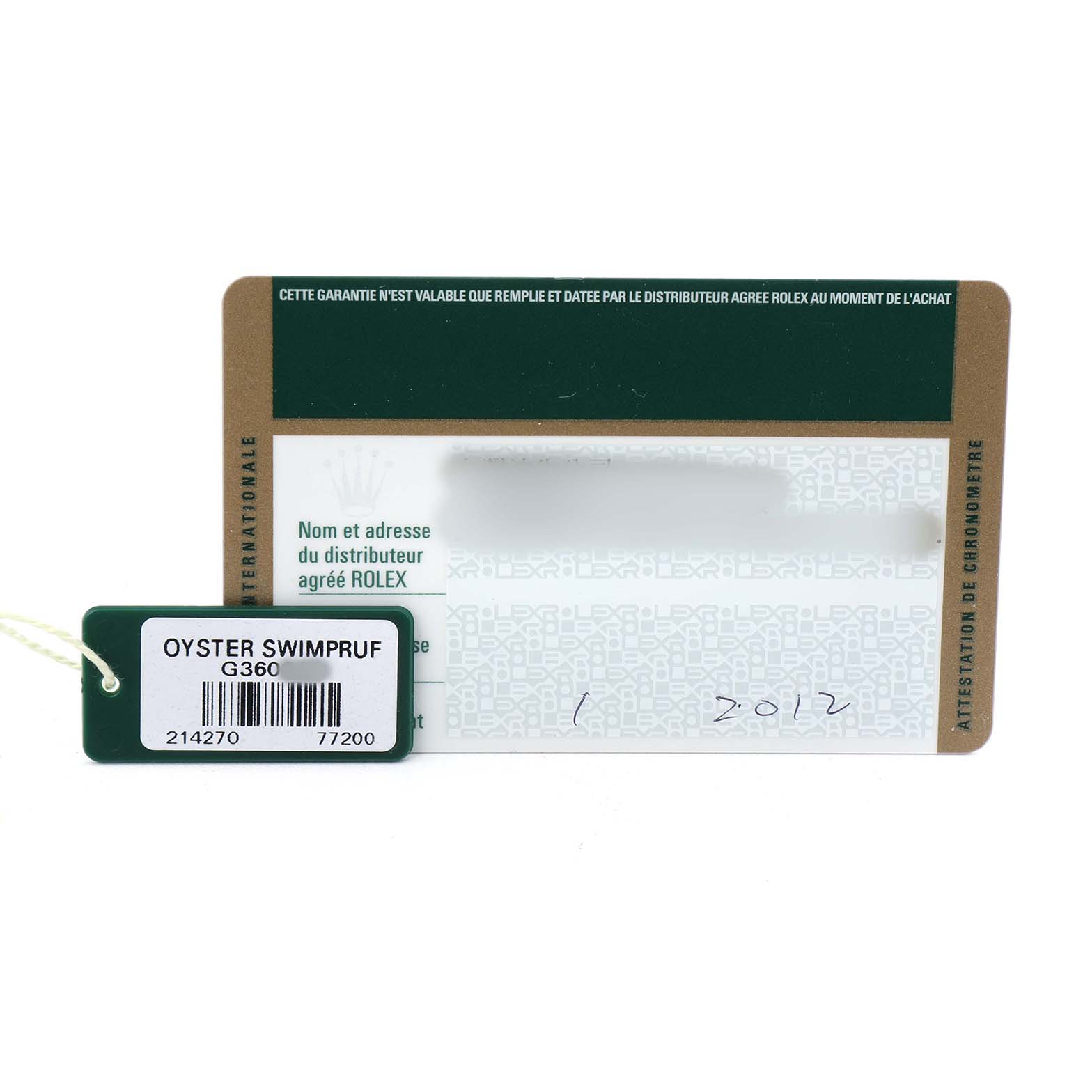 The image shows the warranty card and Oyster Swimpruf tag for the Rolex Explorer 214270 Men's Stainless Steel Black Dial model.