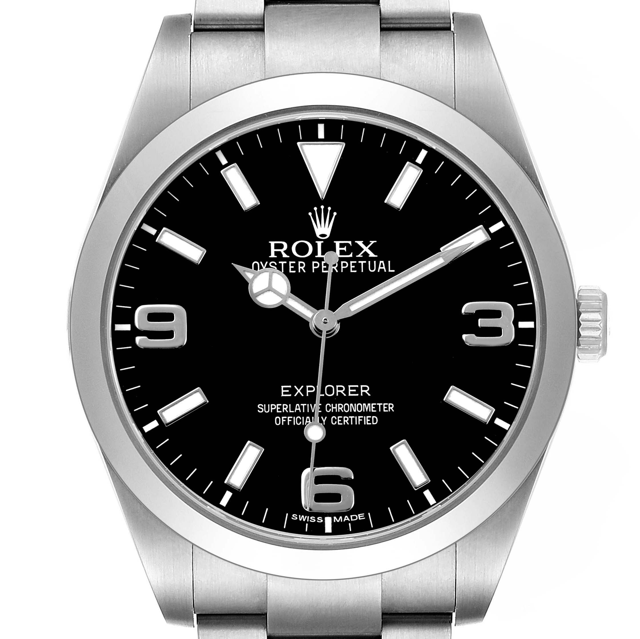 The Rolex Explorer 214270 Men's Stainless Steel Black Dial watch is shown from a front angle, displaying the face, bezel, lugs, and bracelet links.