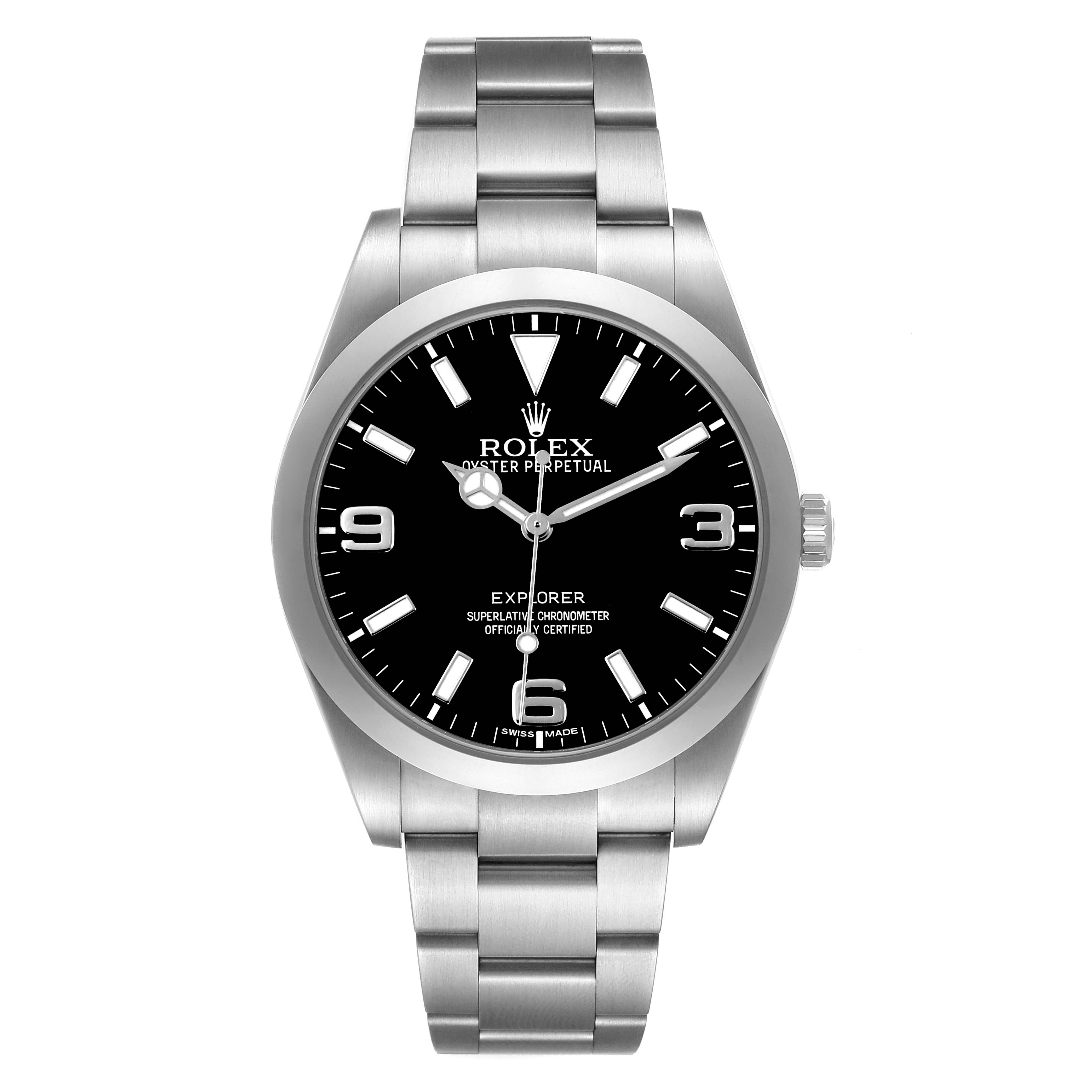The Rolex Explorer 214270 Men's Stainless Steel Black Dial watch is shown from a front angle, highlighting its black dial, silver bracelet, and the brand name.