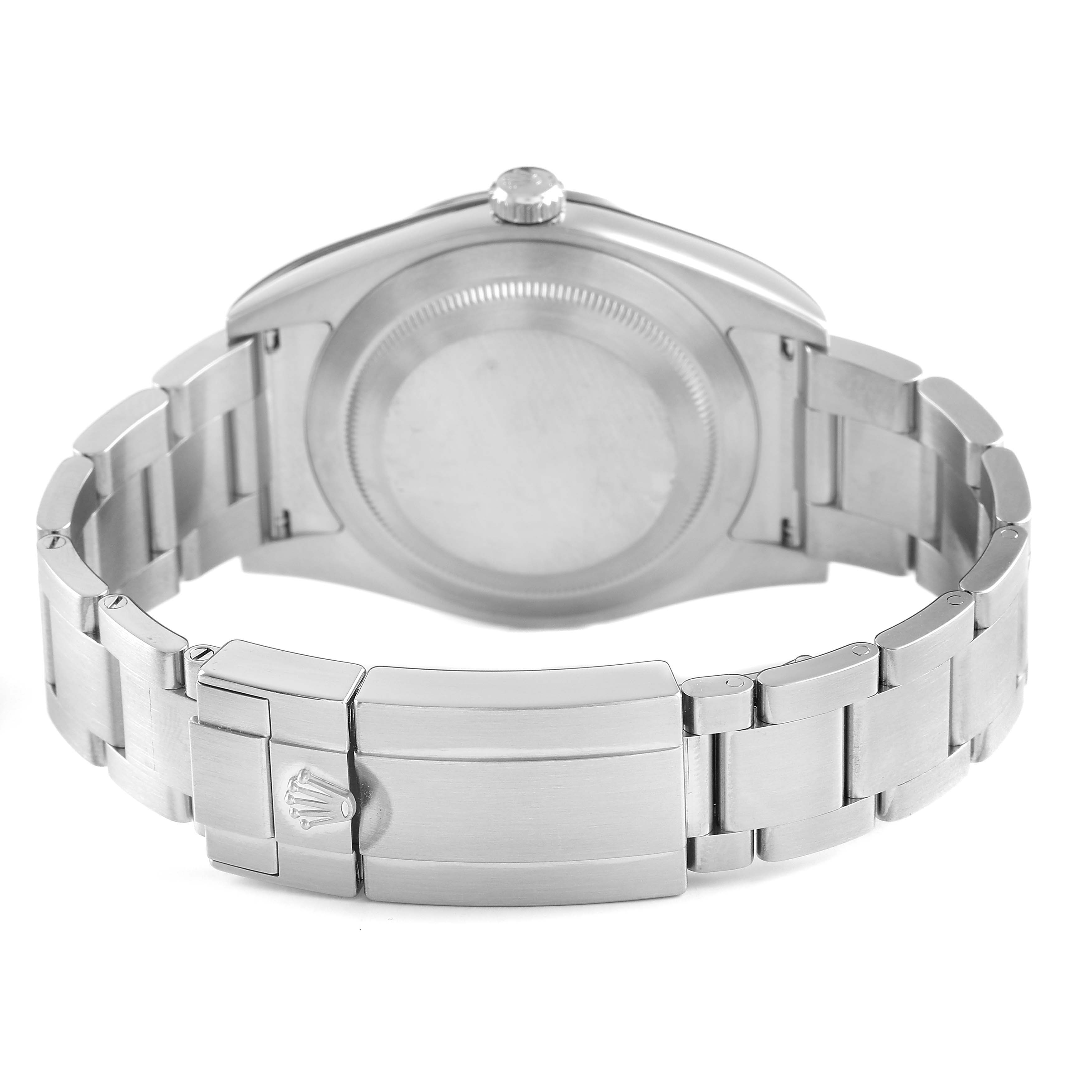 The image shows the back view of a Rolex Explorer 214270 Men's Stainless Steel Black Dial watch, highlighting its case back, bracelet, and clasp.