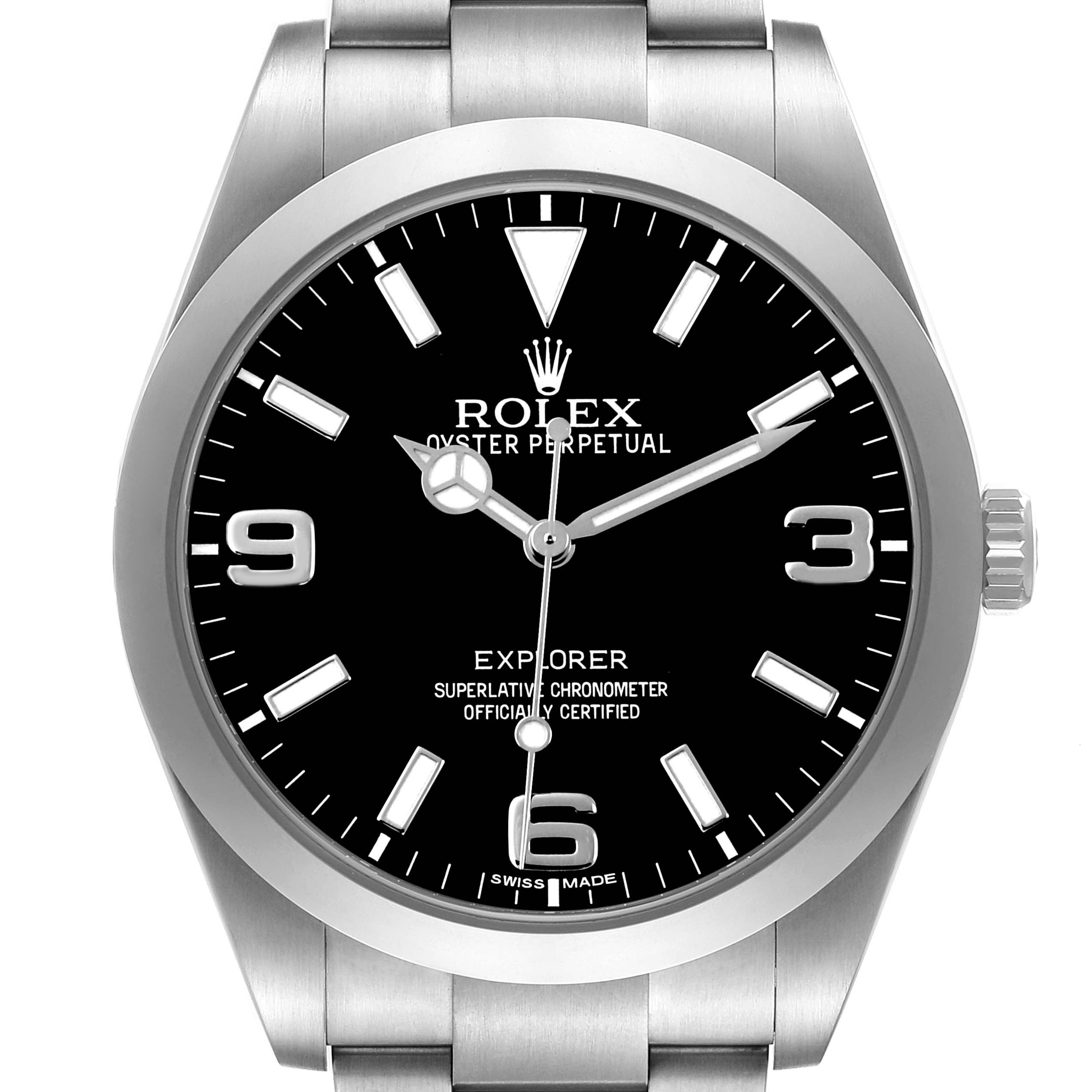 The Rolex Explorer 214270 Men's Stainless Steel Black Dial watch is shown from the front, highlighting the dial, bezel, and part of the bracelet.