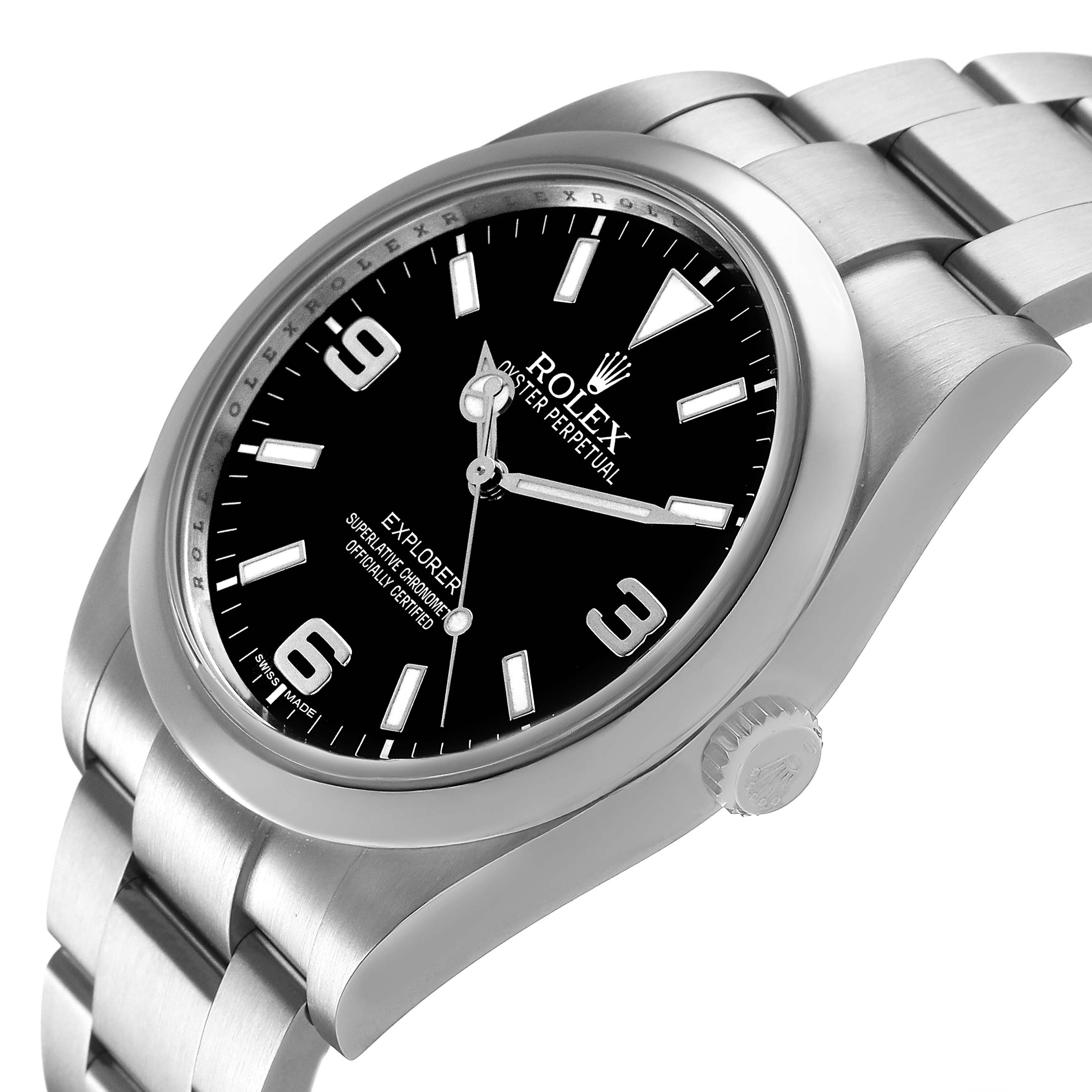The image shows a Rolex Explorer 214270 Men's Stainless Steel Black Dial watch at an angled side view, highlighting the dial, bezel, case, bracelet, and crown.