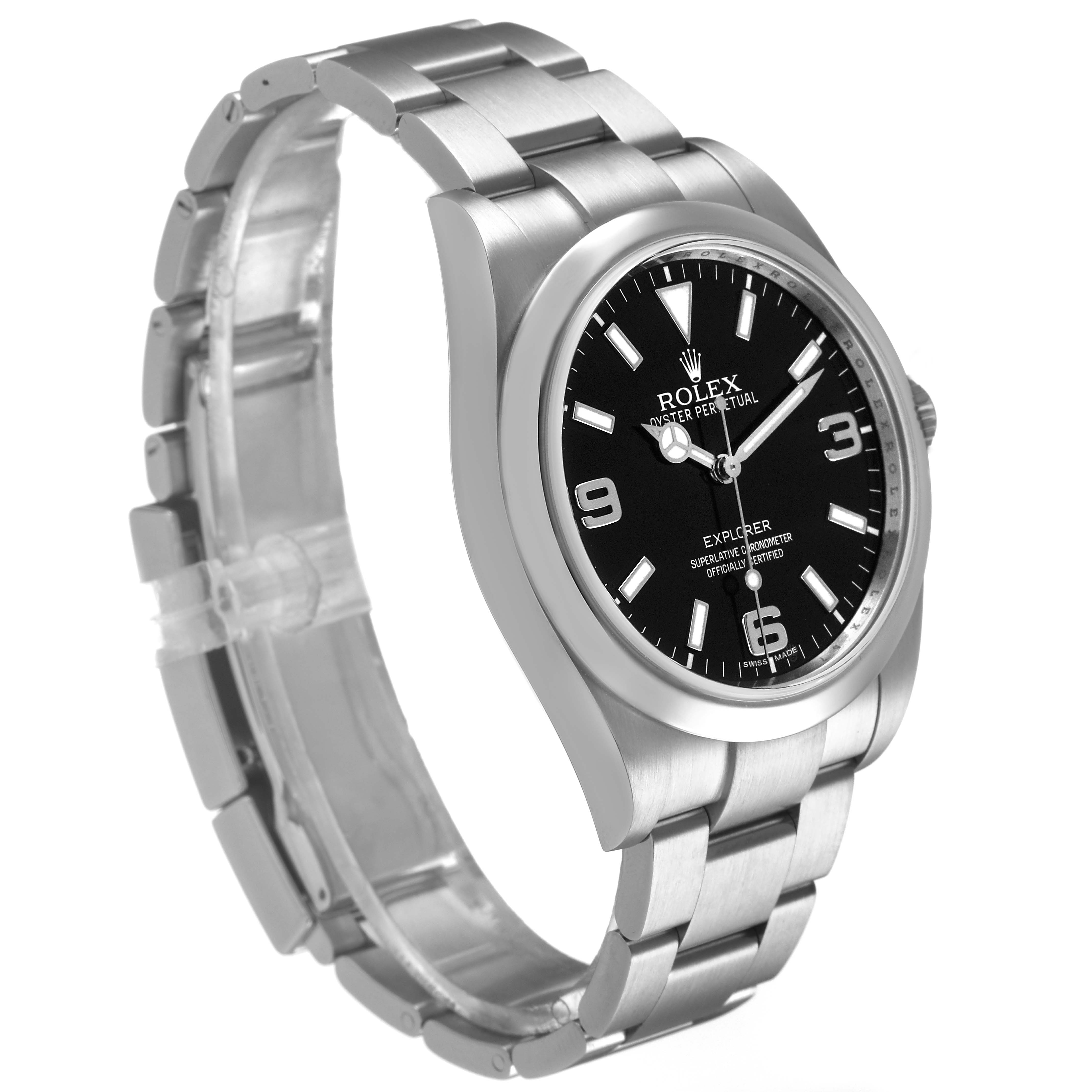 The Rolex Explorer 214270 Men's Stainless Steel Black Dial watch is shown from a three-quarter angle, displaying the face, bezel, and part of the bracelet.
