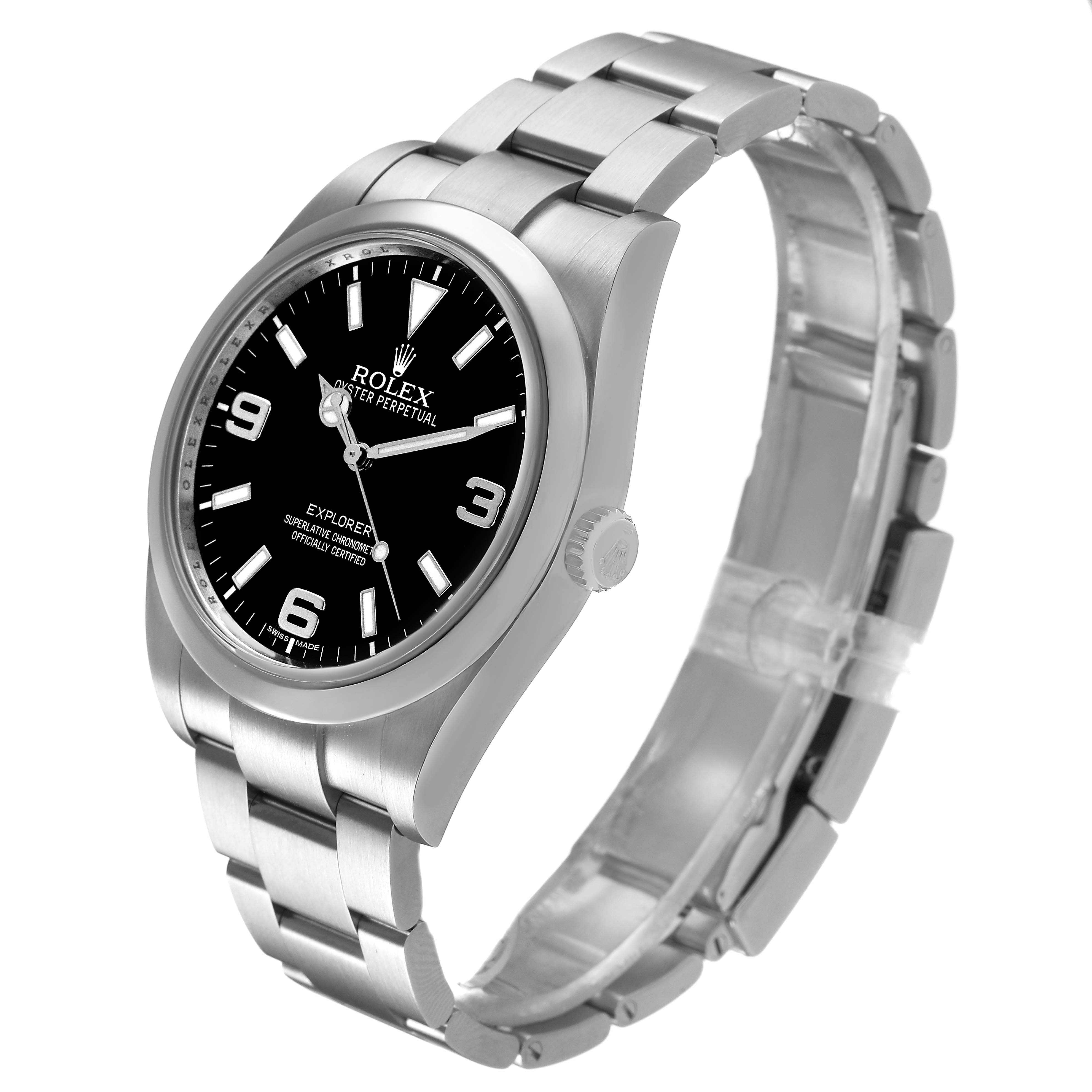 The Rolex Explorer 214270 Men's Stainless Steel Black Dial watch is shown at a three-quarter angle, highlighting the bezel, dial, crown, and bracelet links.