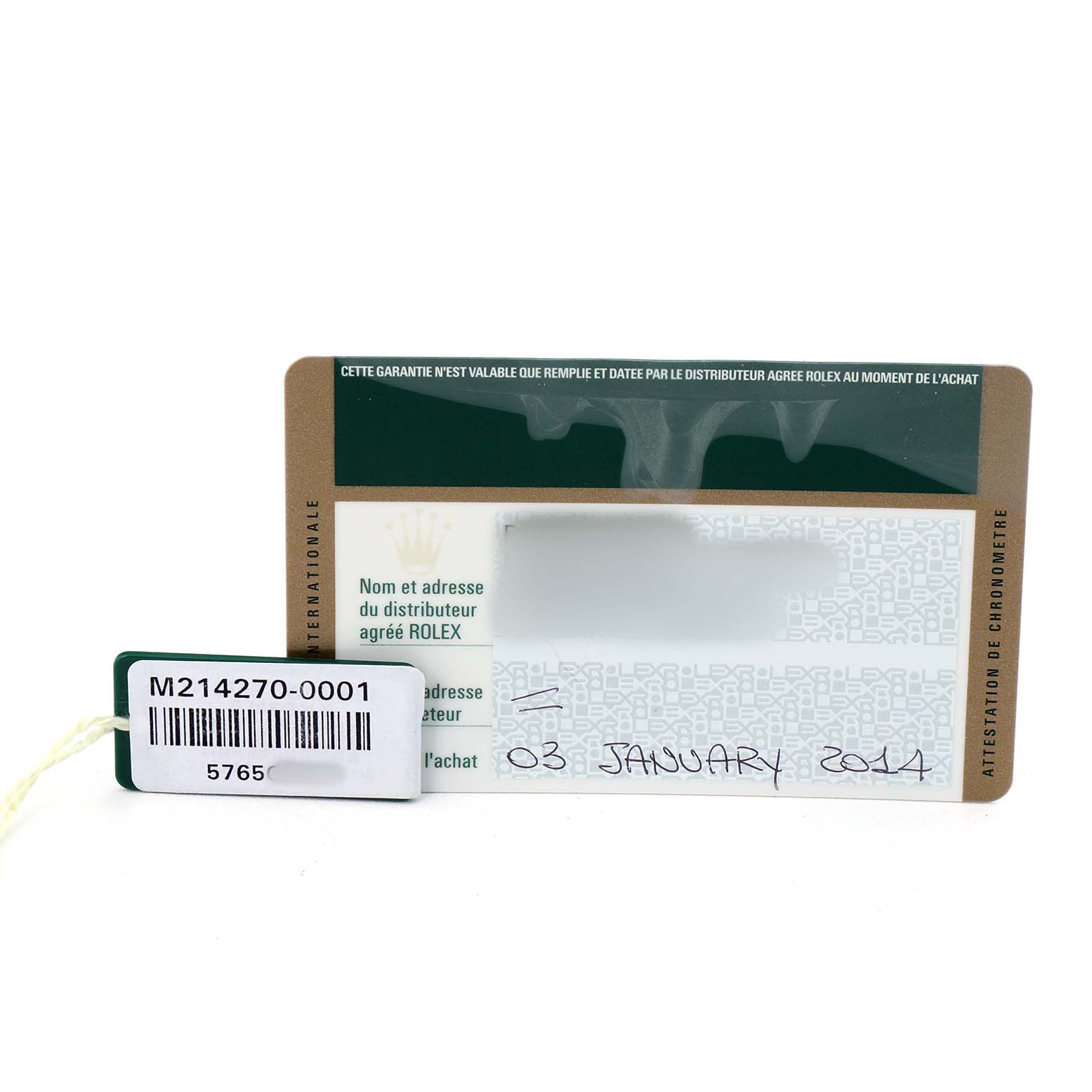 The image shows a warranty card and tag for the Rolex Explorer 214270 Men's Stainless Steel Black Dial model, viewed from the front.