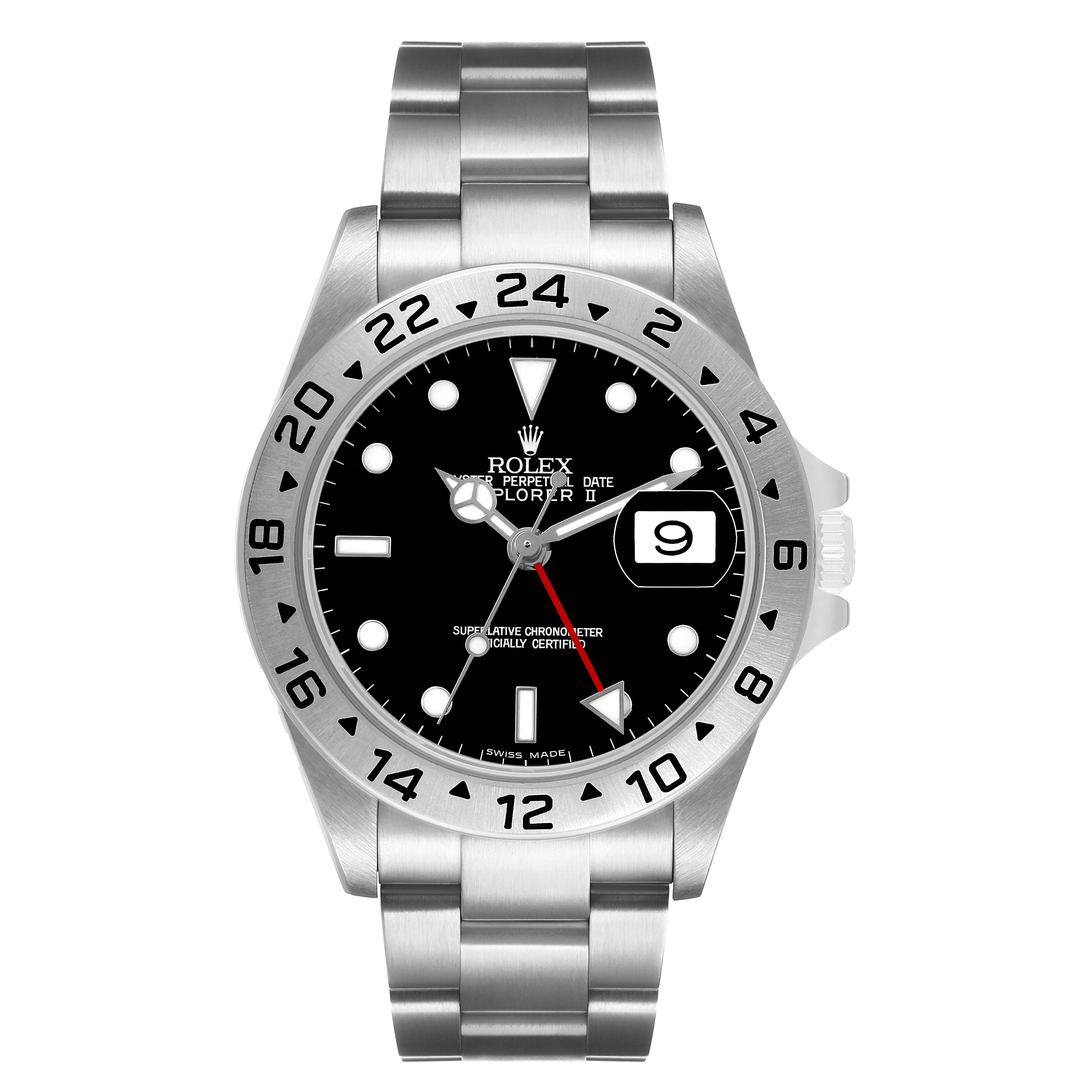 The Rolex Explorer 16570 Men's Stainless Steel Black Dial watch is shown from a top-down angle, highlighting its bezel, dial, and bracelet.