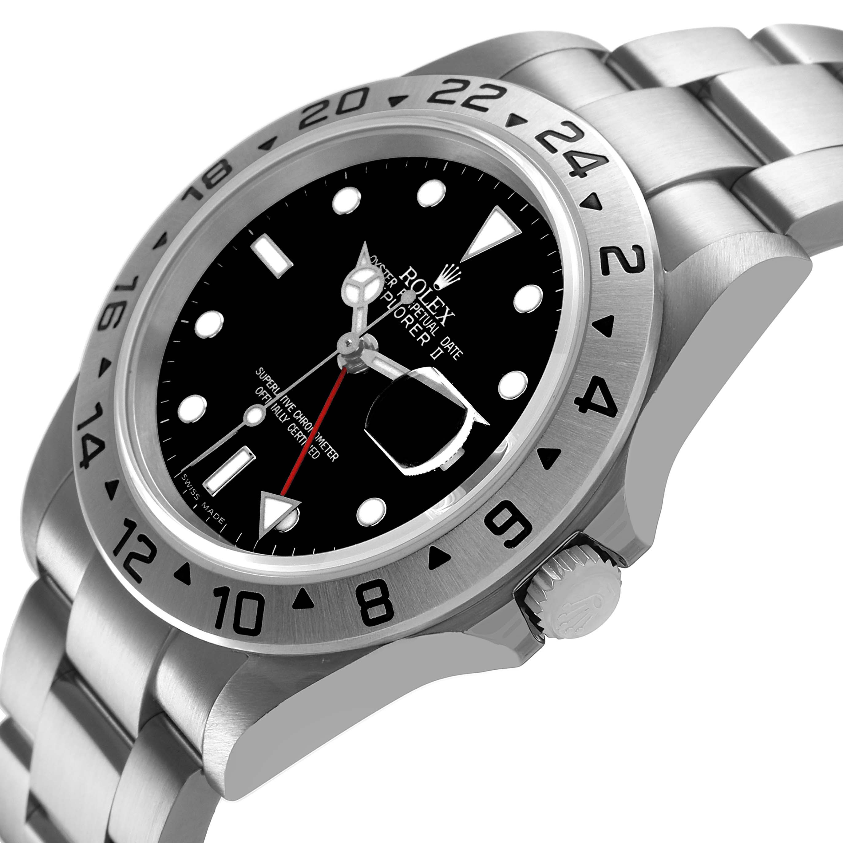 The image shows a side-angle view of the Rolex Explorer 16570 Men's Stainless Steel Black Dial watch, highlighting its bezel, crown, and bracelet.