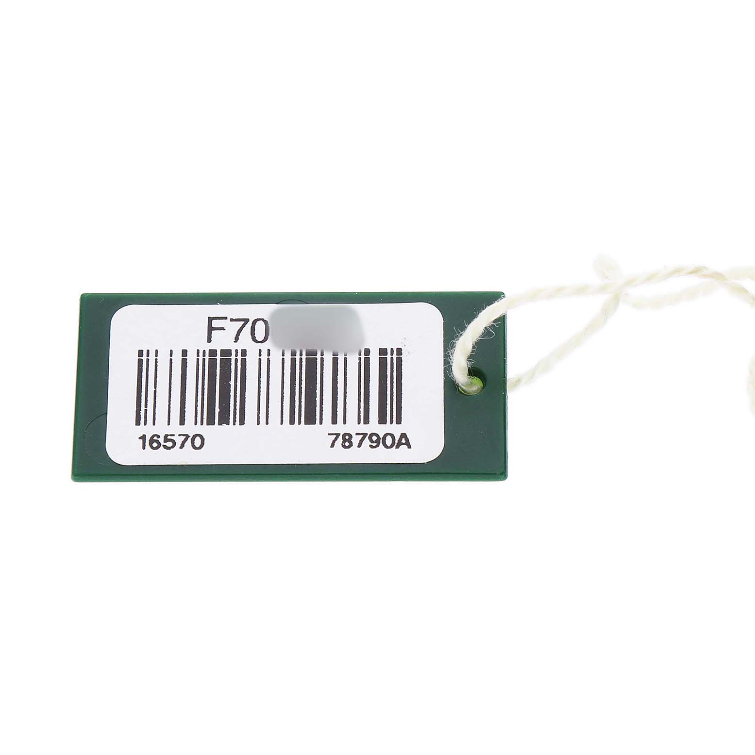 The image shows a green hang tag with barcodes for the Rolex Explorer 16570 Men's Stainless Steel Black Dial model.
