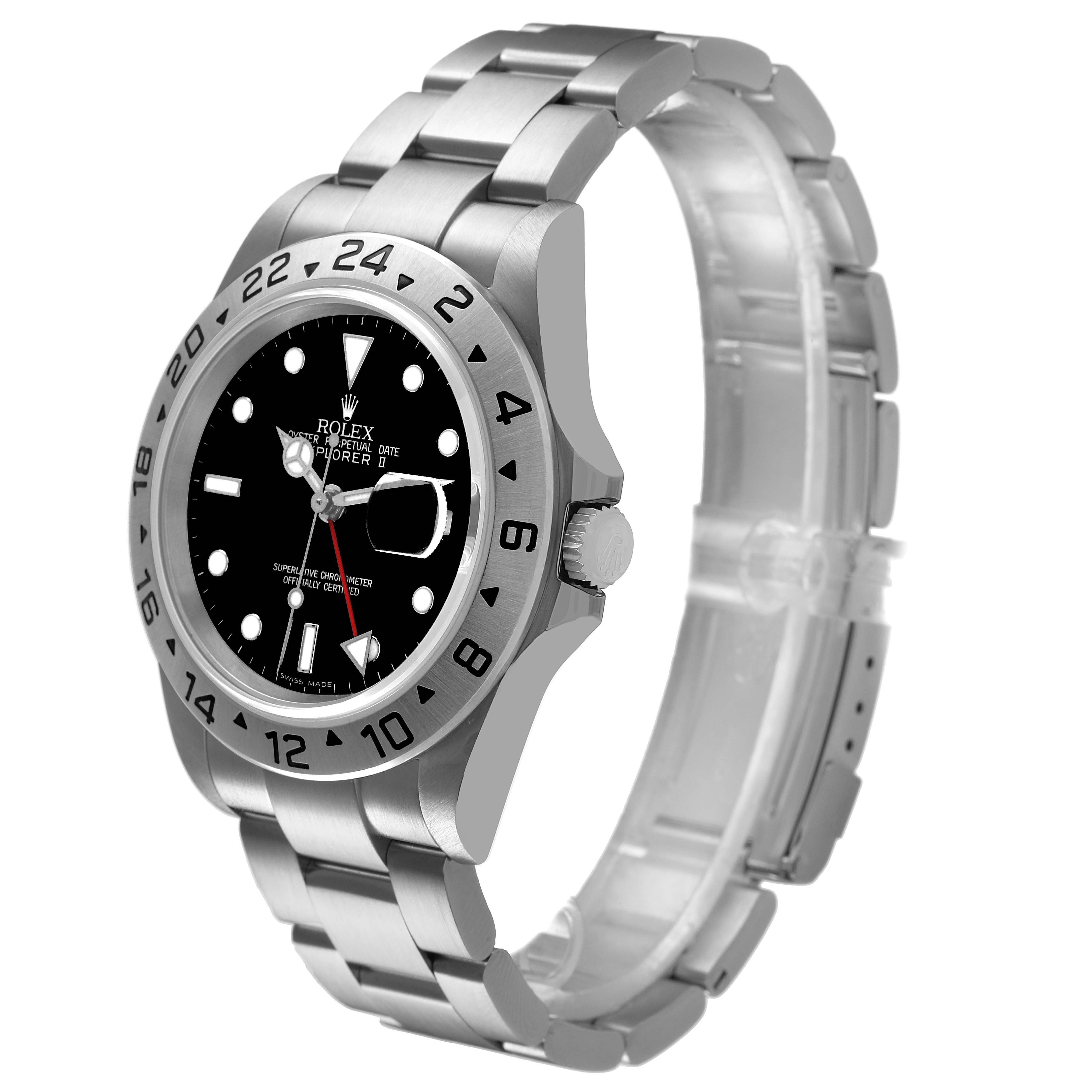 The Rolex Explorer 16570 Men's Stainless Steel Black Dial watch is shown from a three-quarter angle, displaying the bezel, dial, crown, and bracelet.