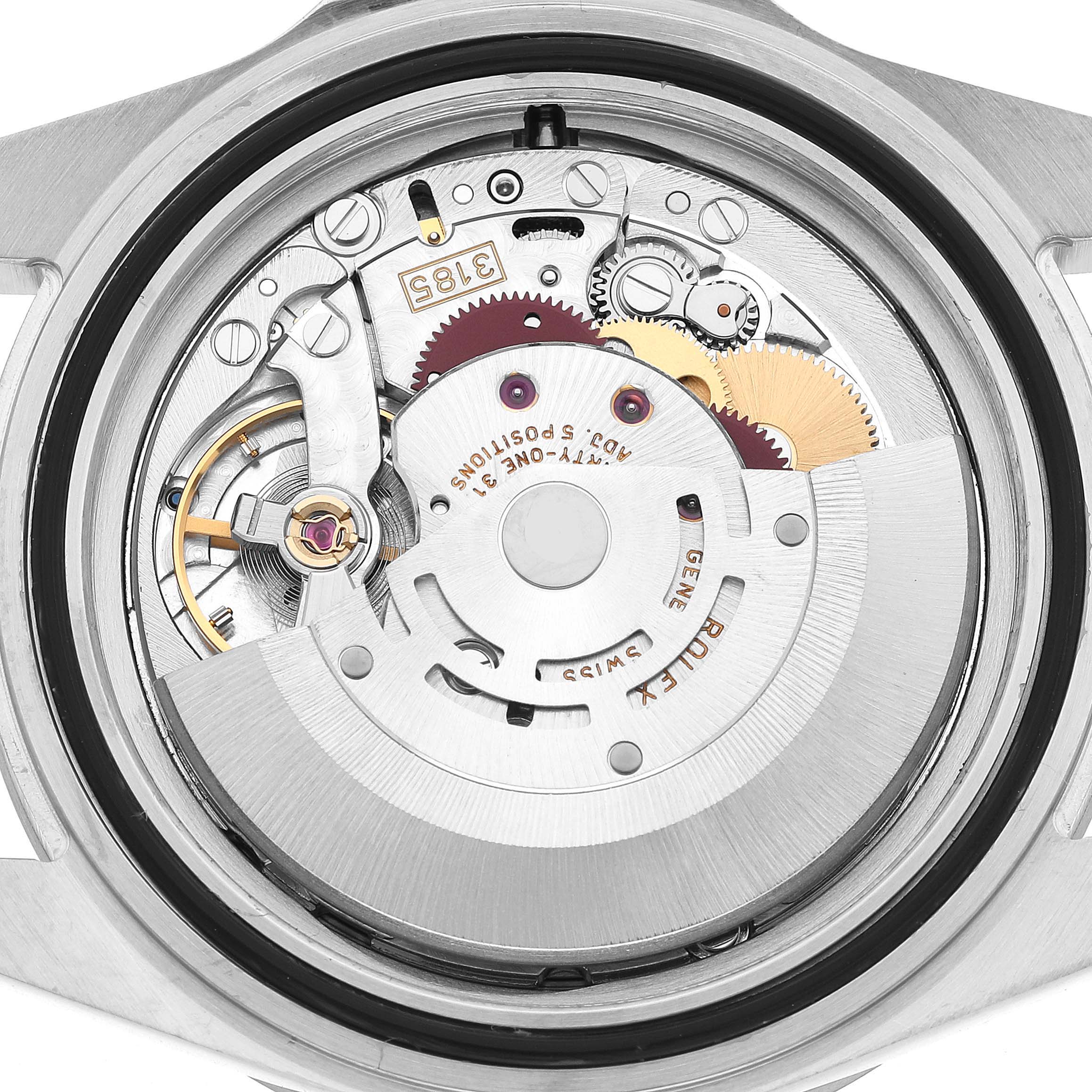 The image shows the movement of a Rolex Explorer 16570 Men's Stainless Steel Black Dial watch from a back view, detailing its internal mechanics.