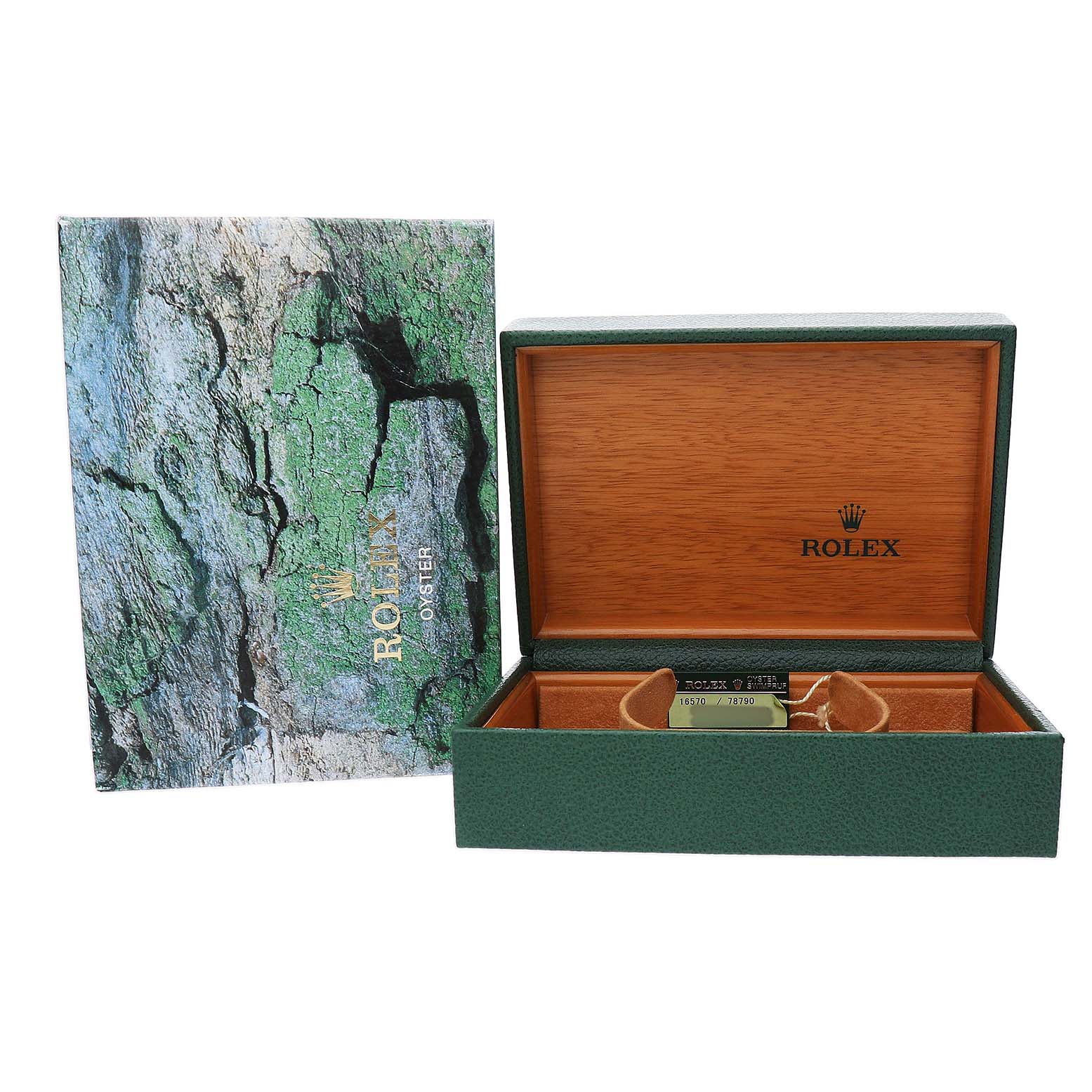 The image shows an open Rolex Explorer 16570 Men's Stainless Steel Black Dial box, revealing the inside lining and a tag, viewed from the front.