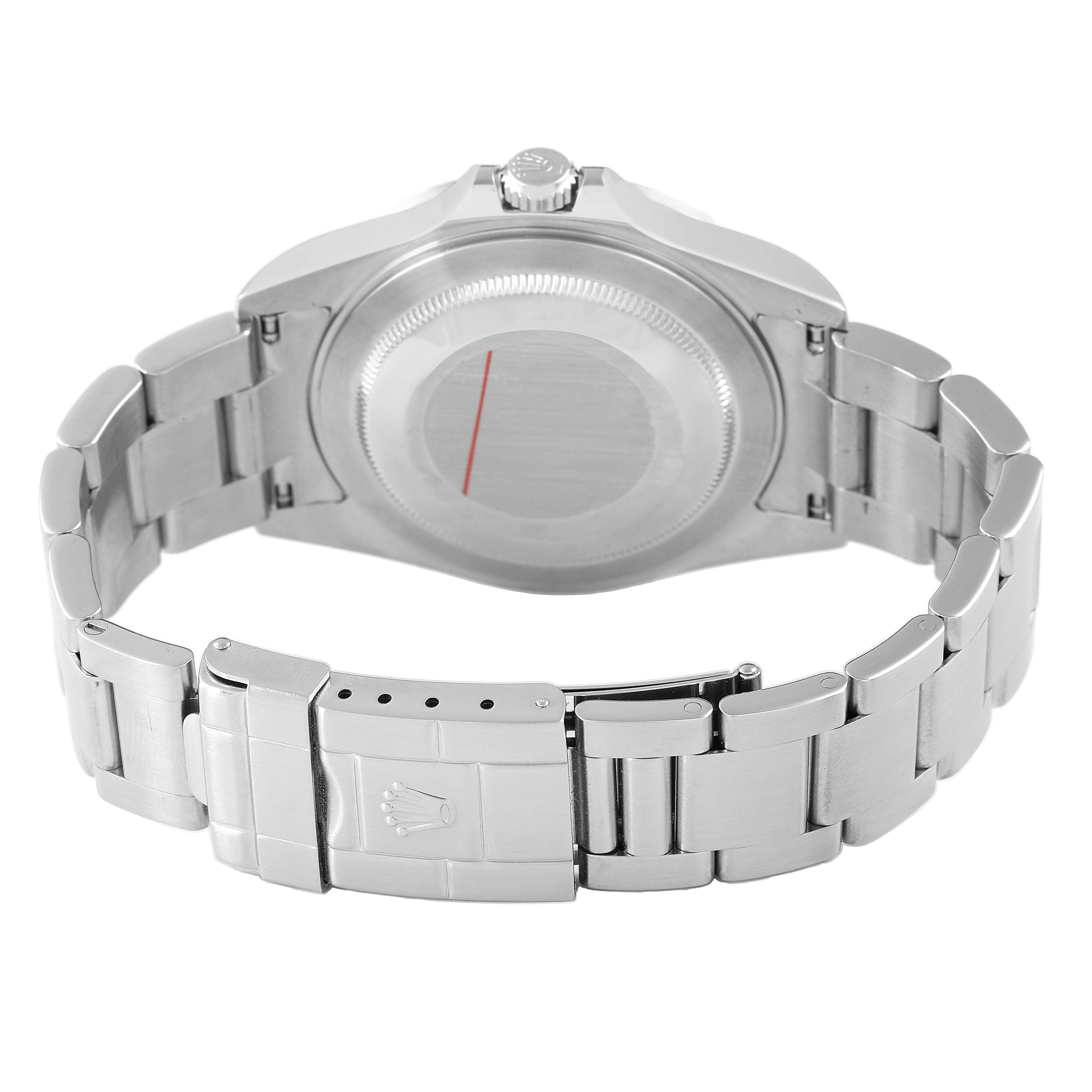 The image shows the back of a Rolex Explorer 16570 Men's Stainless Steel Black Dial, highlighting the closed clasp and bracelet links.