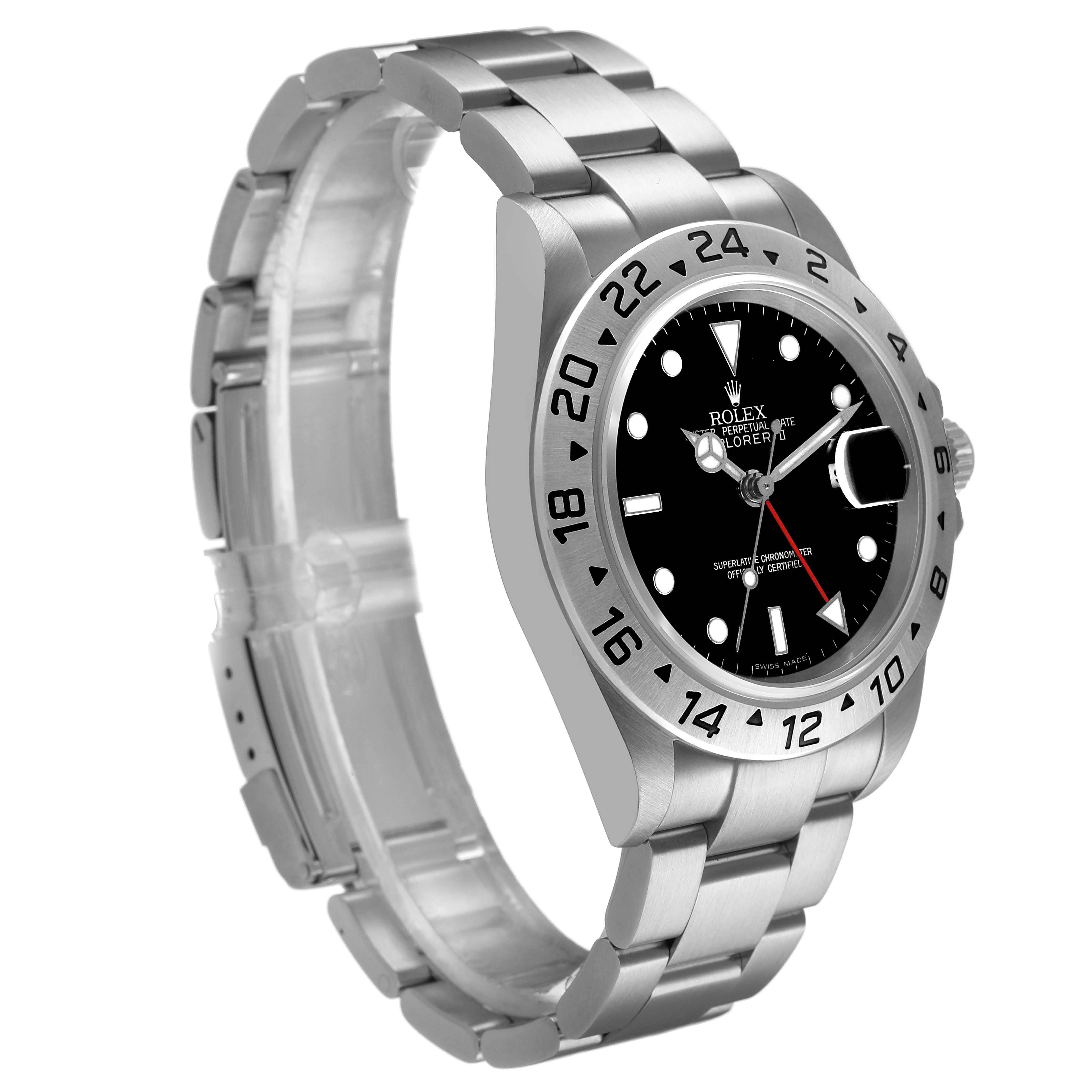 The Rolex Explorer 16570 Men's Stainless Steel Black Dial watch is shown from a front side angle, highlighting the bezel, dial, and bracelet.
