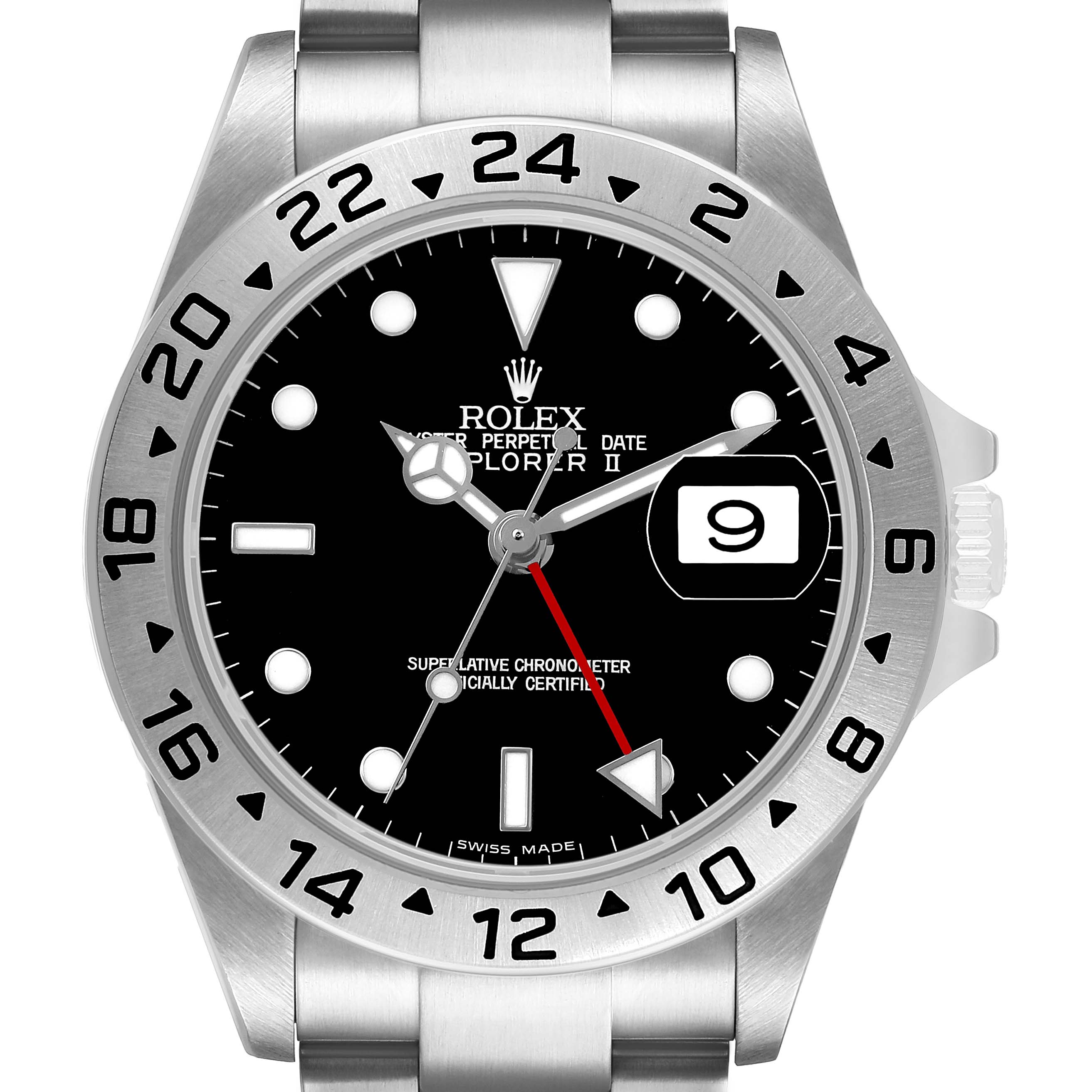 The Rolex Explorer 16570 Men's Stainless Steel Black Dial model is shown from a front angle, displaying the bezel, dial, hands, and bracelet.