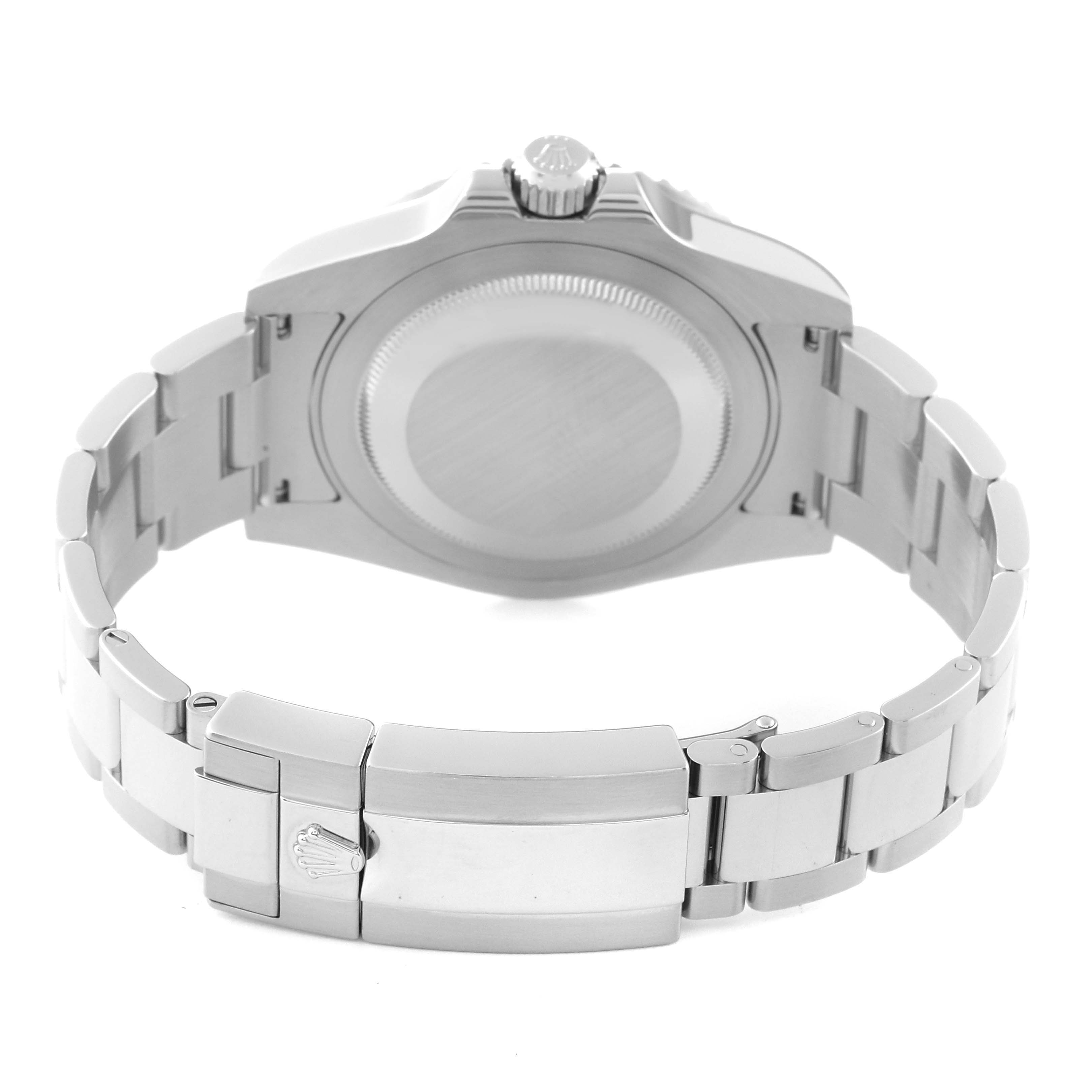 This image shows the back case and clasp of a Rolex GMT-Master 116710 Men
s Stainless Steel Black Dial 116710 Men
s Stainless Steel Black Dial watch, displaying its stainless steel bracelet.