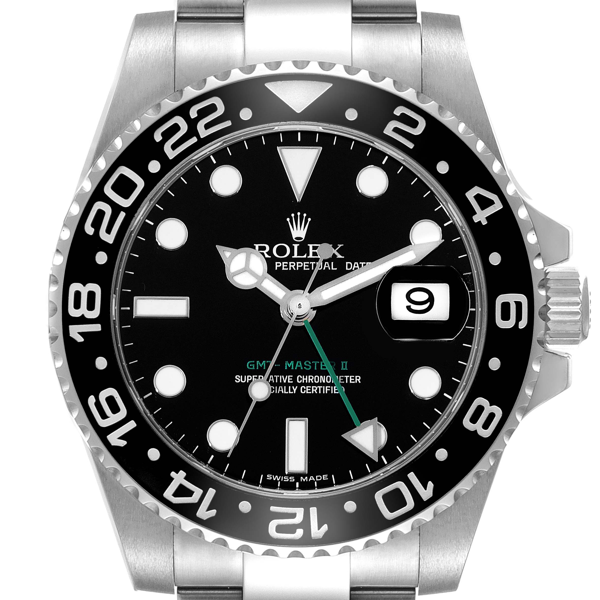 This image shows a front view of a Rolex GMT-Master 116710 Men
s Stainless Steel Black Dial 116710 Men
s Stainless Steel Black Dial II watch, displaying the dial, bezel, and part of the bracelet.