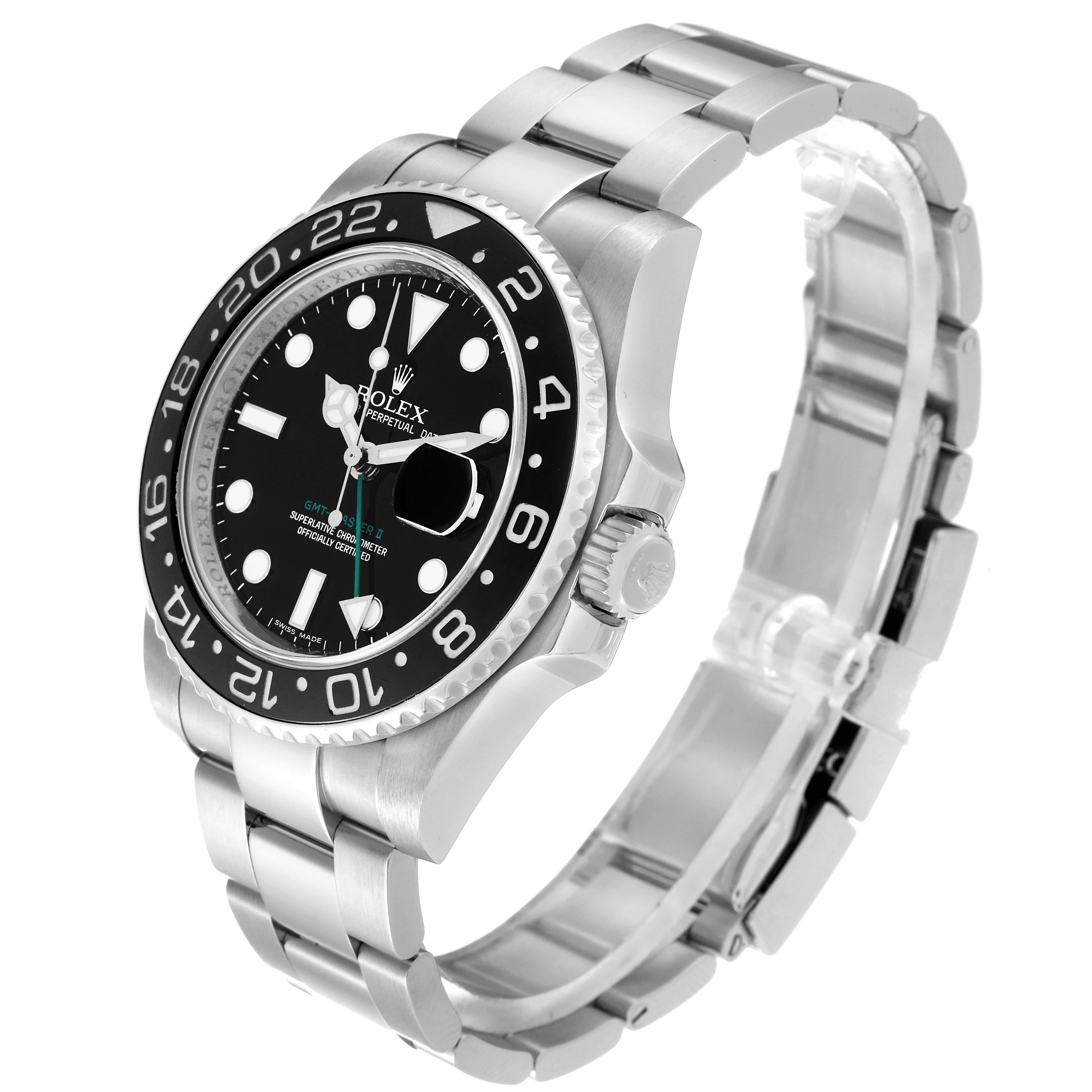 The Rolex GMT-Master 116710 Men
s Stainless Steel Black Dial 116710 Men
s Stainless Steel Black Dial watch is shown at a three-quarter angle, displaying its face, bezel, case, and stainless steel bracelet.