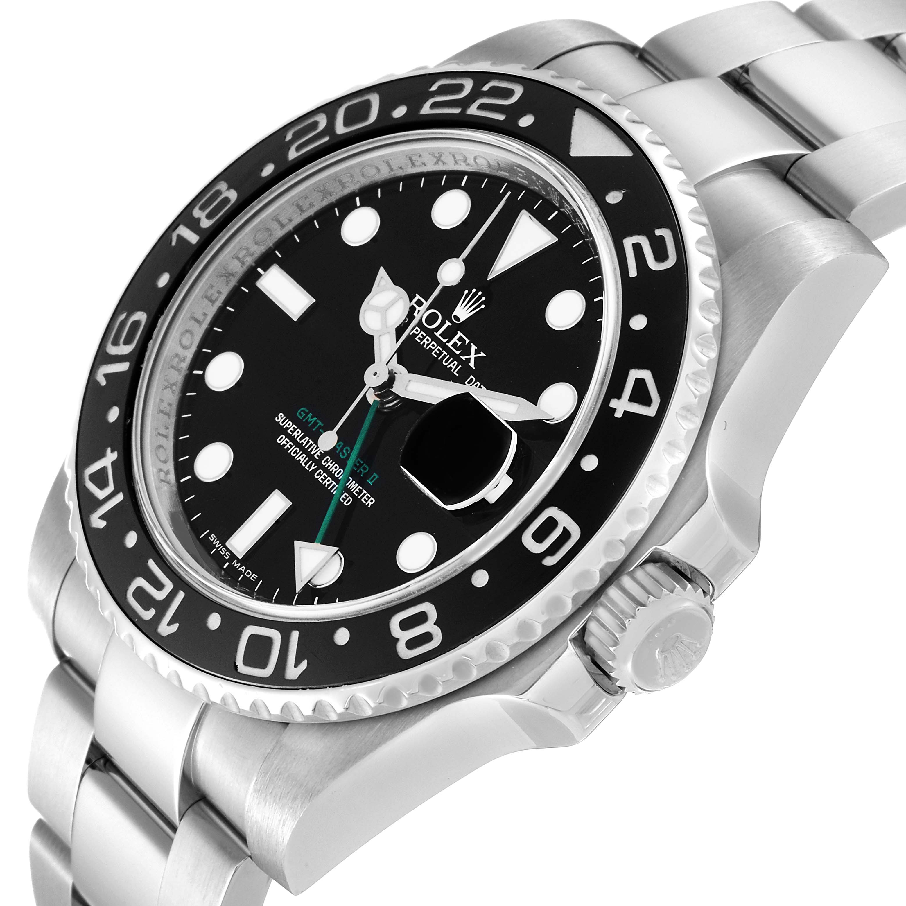 This image shows a close-up angle of the face and bracelet of a Rolex GMT-Master 116710 Men
s Stainless Steel Black Dial 116710 Men
s Stainless Steel Black Dial watch, highlighting its bezel and crown.