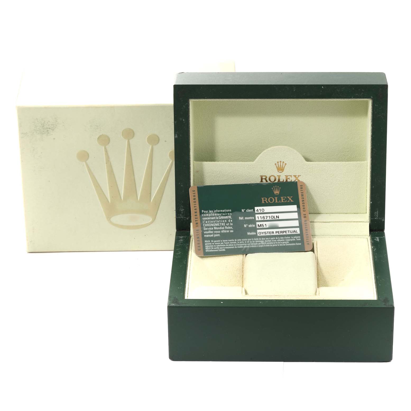 This image shows an open Rolex box for the GMT-Master model with an ID card, with both the outer box and inner cushion displayed.