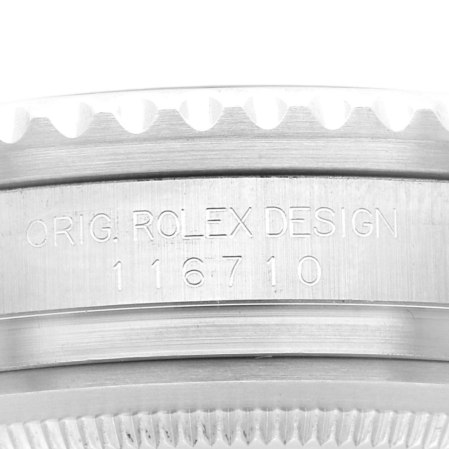 This image shows a close-up of the case side of a Rolex GMT-Master 116710 Men
s Stainless Steel Black Dial 116710 Men
s Stainless Steel Black Dial with the model number 116710 engraved on it.