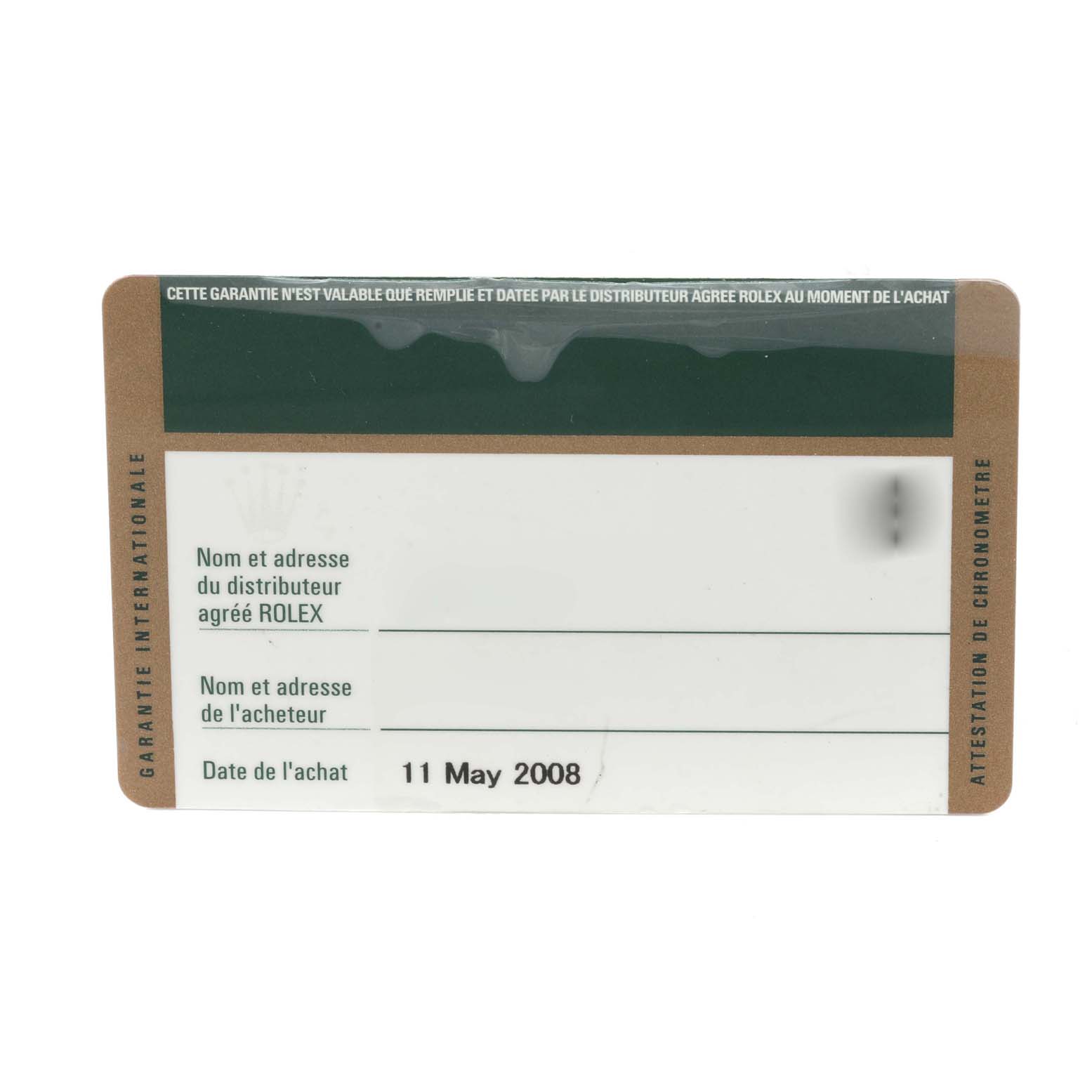 This image shows a warranty card for the Rolex GMT-Master 116710 Men
s Stainless Steel Black Dial 116710 Men
s Stainless Steel Black Dial, dated 11 May 2008.