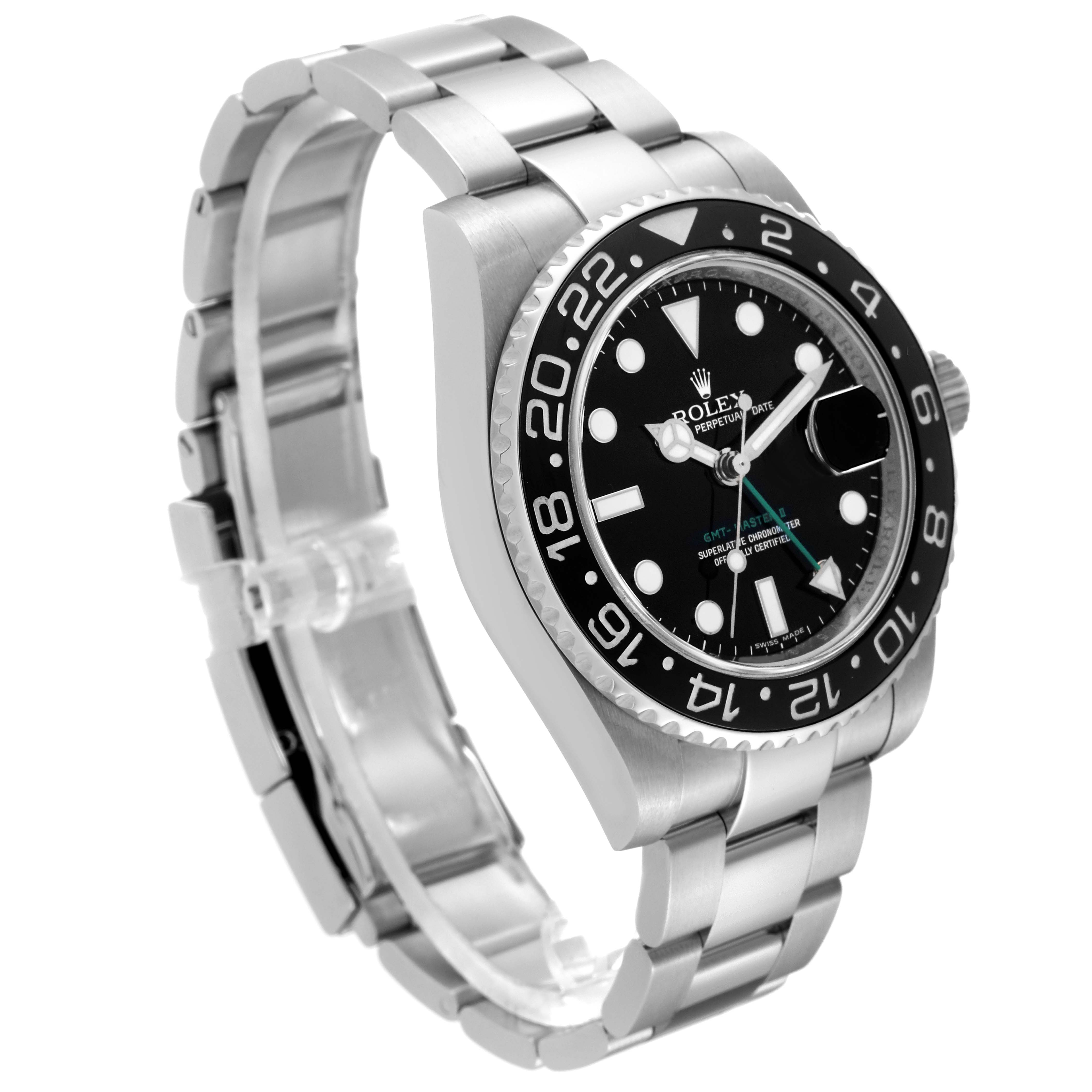 The image shows a Rolex GMT-Master 116710 Men
s Stainless Steel Black Dial 116710 Men
s Stainless Steel Black Dial watch from an angled side view, highlighting its bezel, dial, and bracelet.
