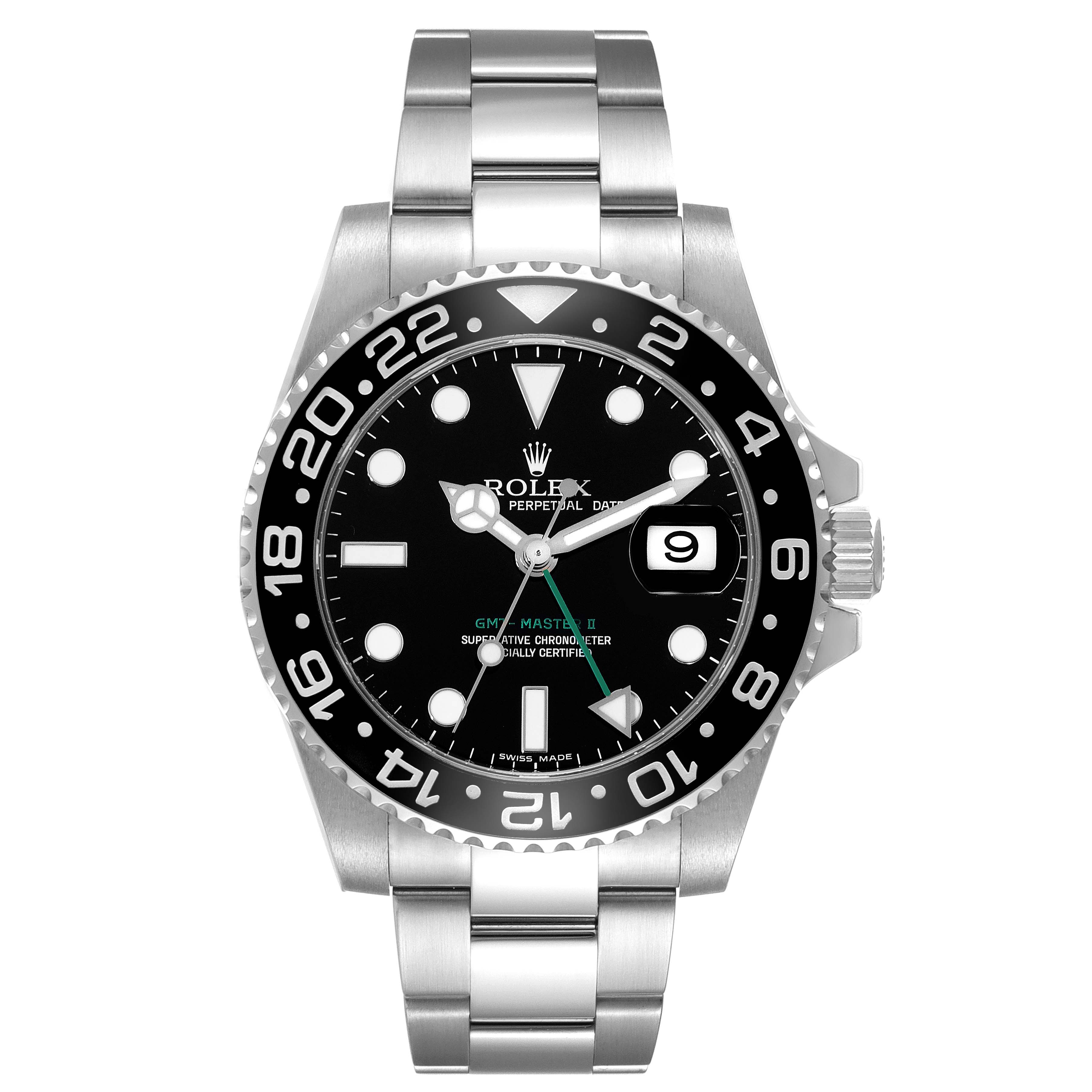 The image shows a front view of the Rolex GMT-Master 116710 Men
s Stainless Steel Black Dial 116710 Men
s Stainless Steel Black Dial II watch, displaying its dial, bezel, and bracelet.