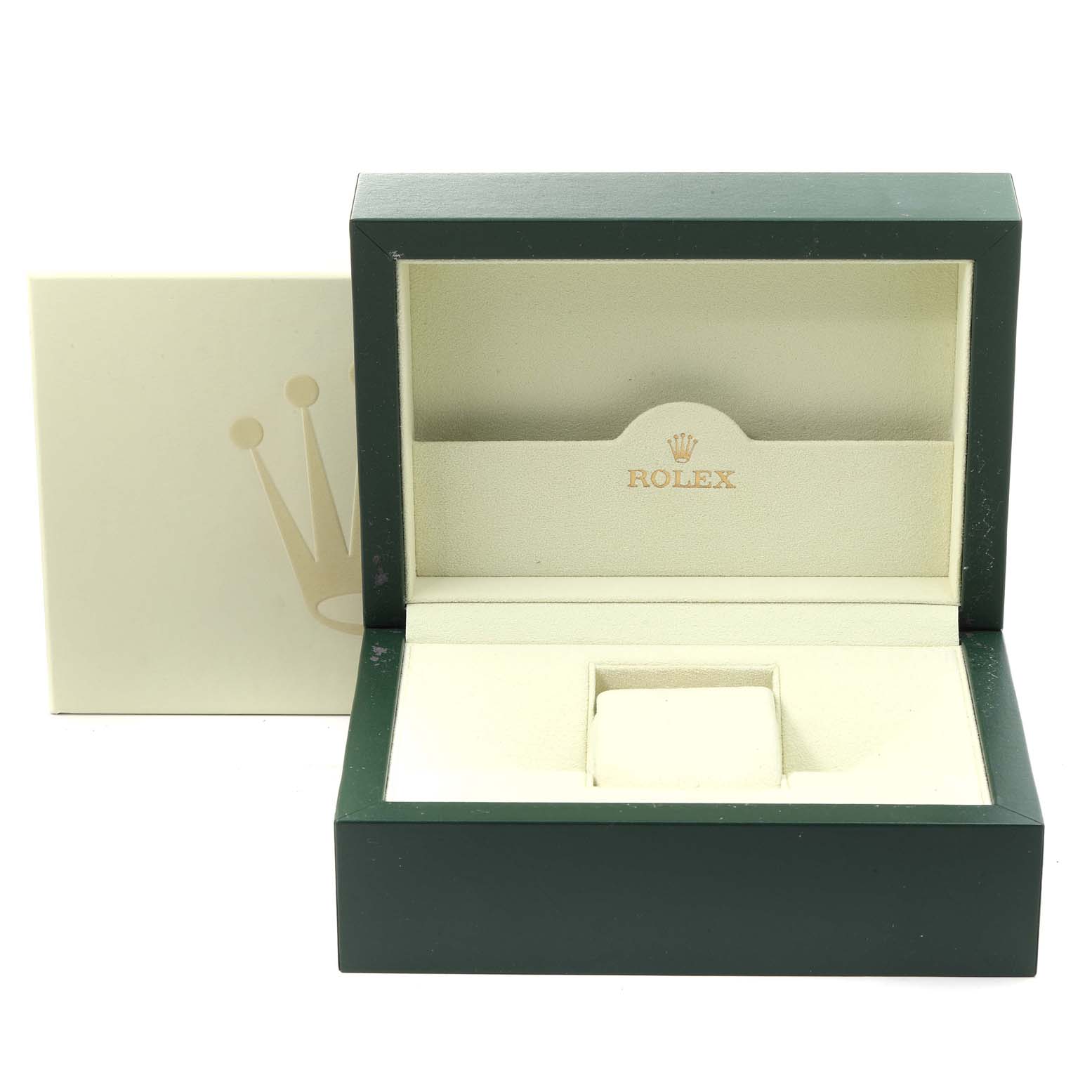 This is an empty Rolex GMT-Master 16710 Men's Stainless Steel Black Dial 16710 Men's Stainless Steel Black Dial watch box, shown from the front with its lid open.