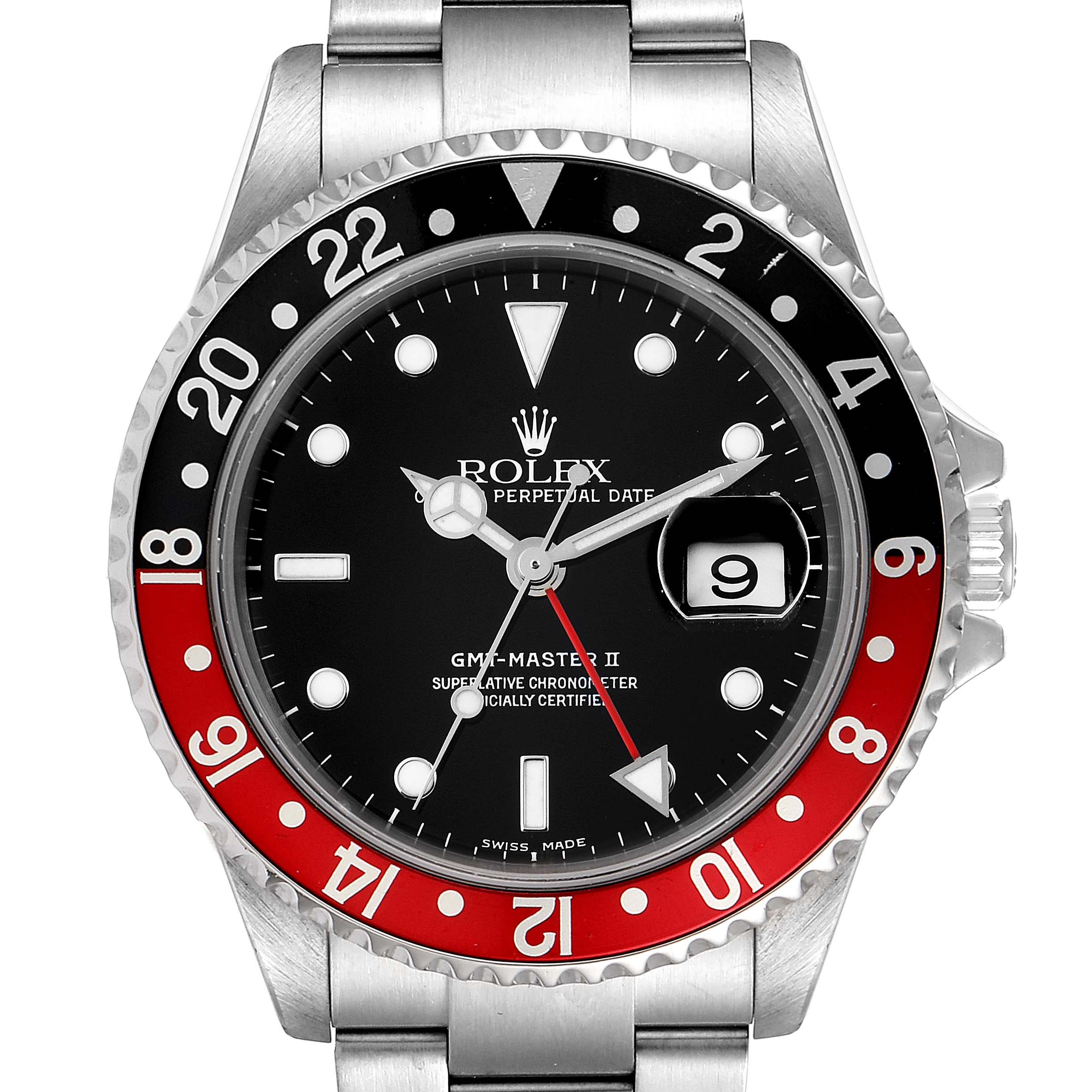 The image shows a frontal view of a Rolex GMT-Master 16710 Men's Stainless Steel Black Dial 16710 Men's Stainless Steel Black Dial II watch, highlighting its red and black bezel and dial.