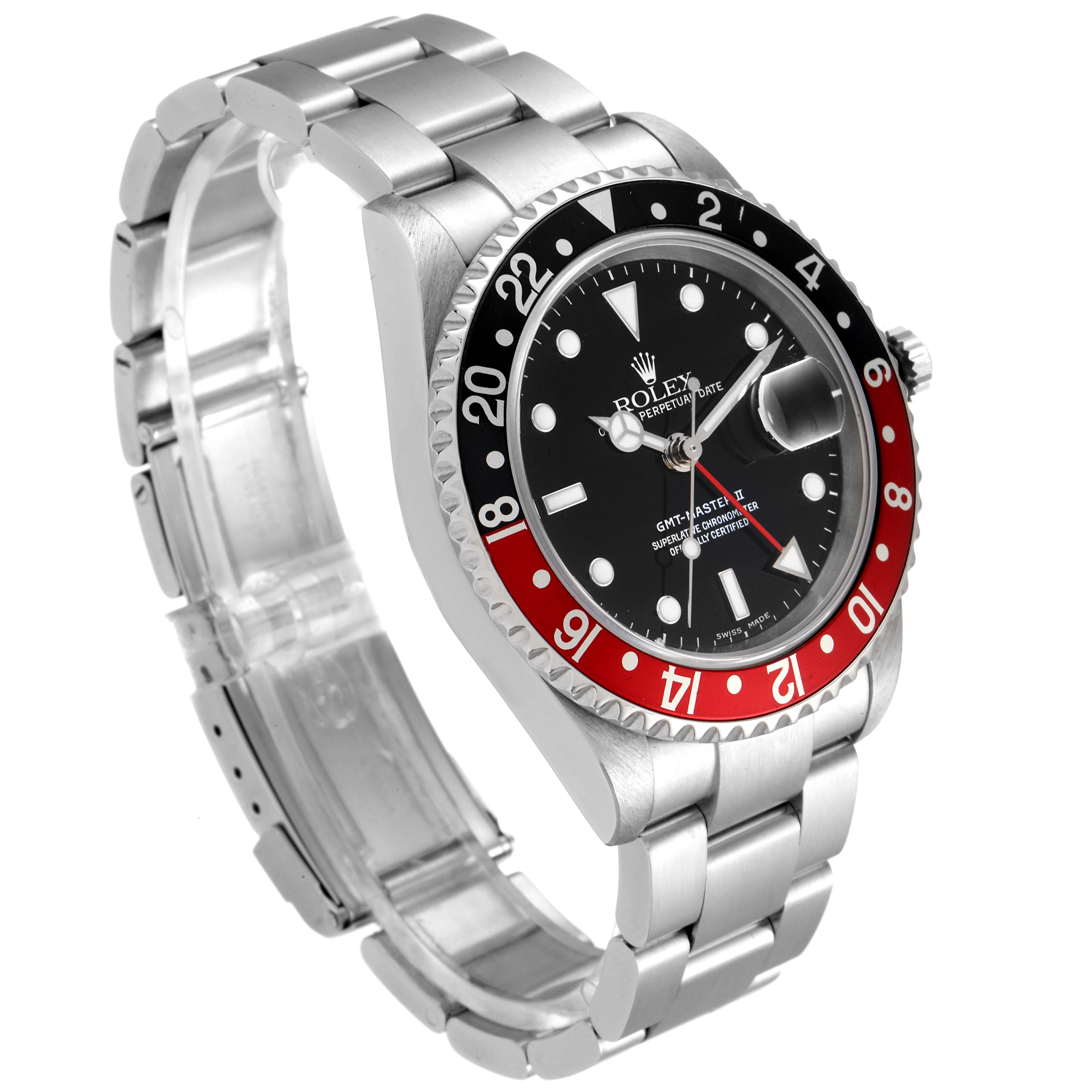 This image shows a side and front angle of the Rolex GMT-Master 16710 Men's Stainless Steel Black Dial 16710 Men's Stainless Steel Black Dial watch, featuring its bezel, face, and bracelet.