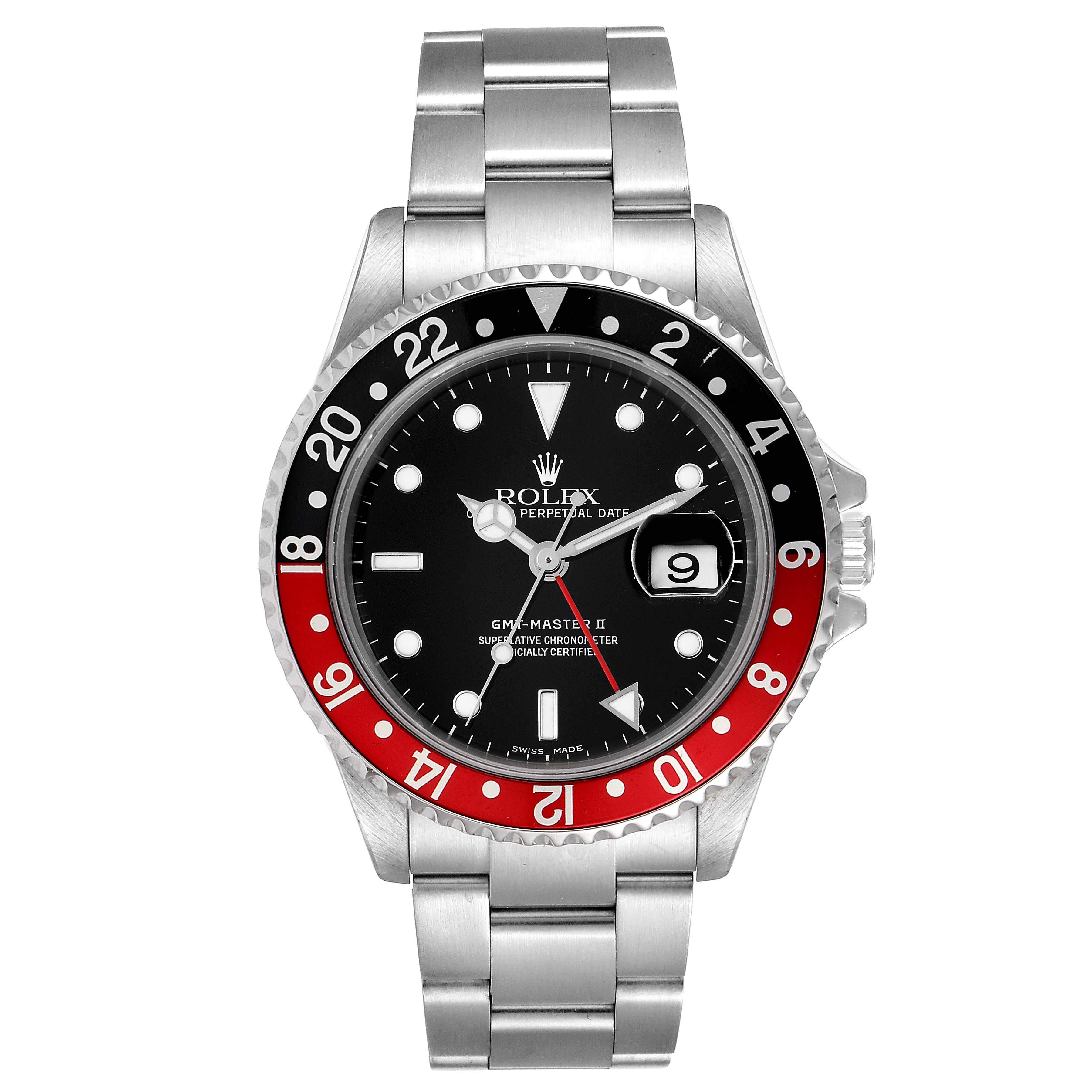 The image shows a frontal view of a Rolex GMT-Master 16710 Men's Stainless Steel Black Dial 16710 Men's Stainless Steel Black Dial II watch, featuring a red and black bezel, stainless steel bracelet, and date window.