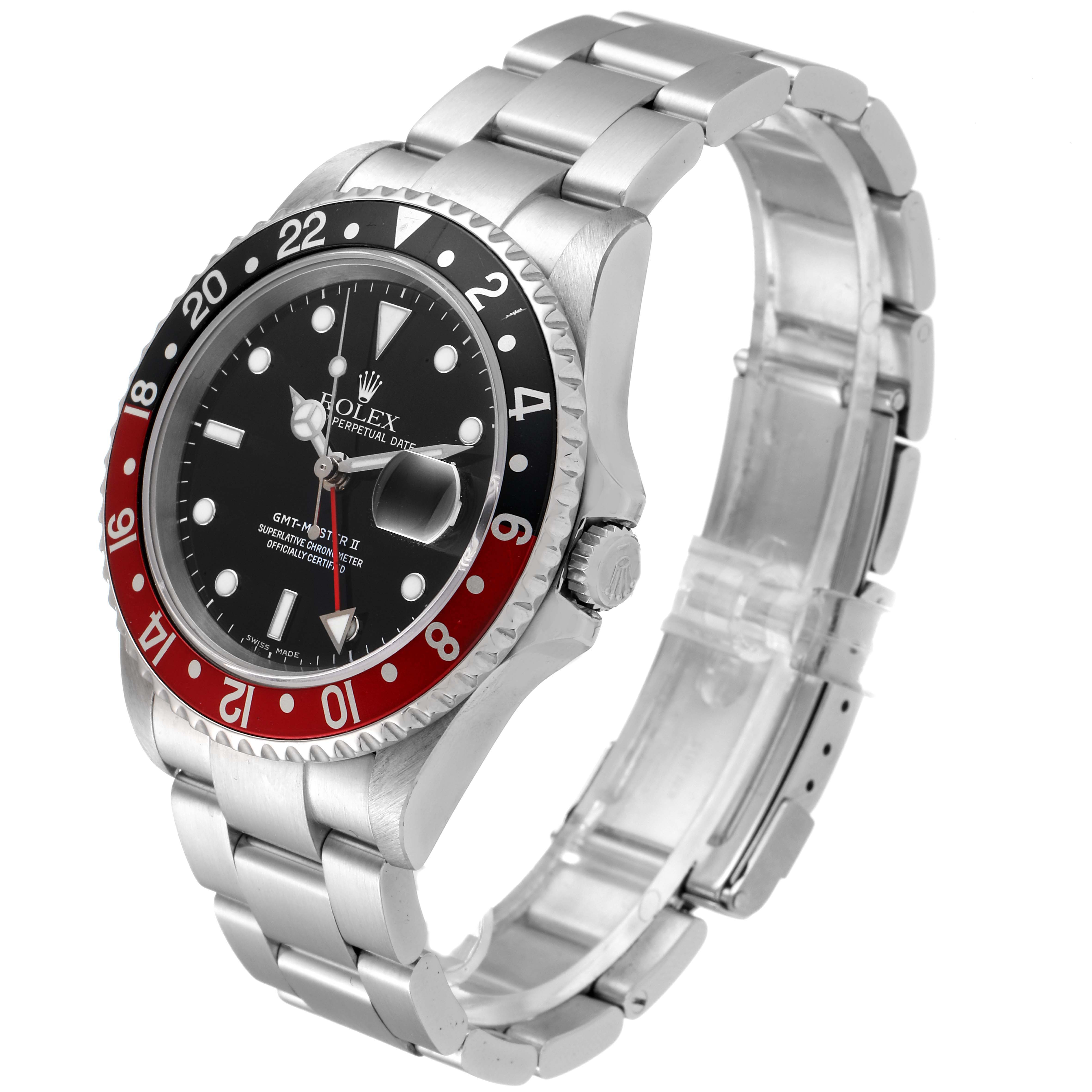 This Rolex GMT-Master 16710 Men's Stainless Steel Black Dial 16710 Men's Stainless Steel Black Dial watch is shown from a front-right angle, highlighting its face, bezel, crown, and bracelet.