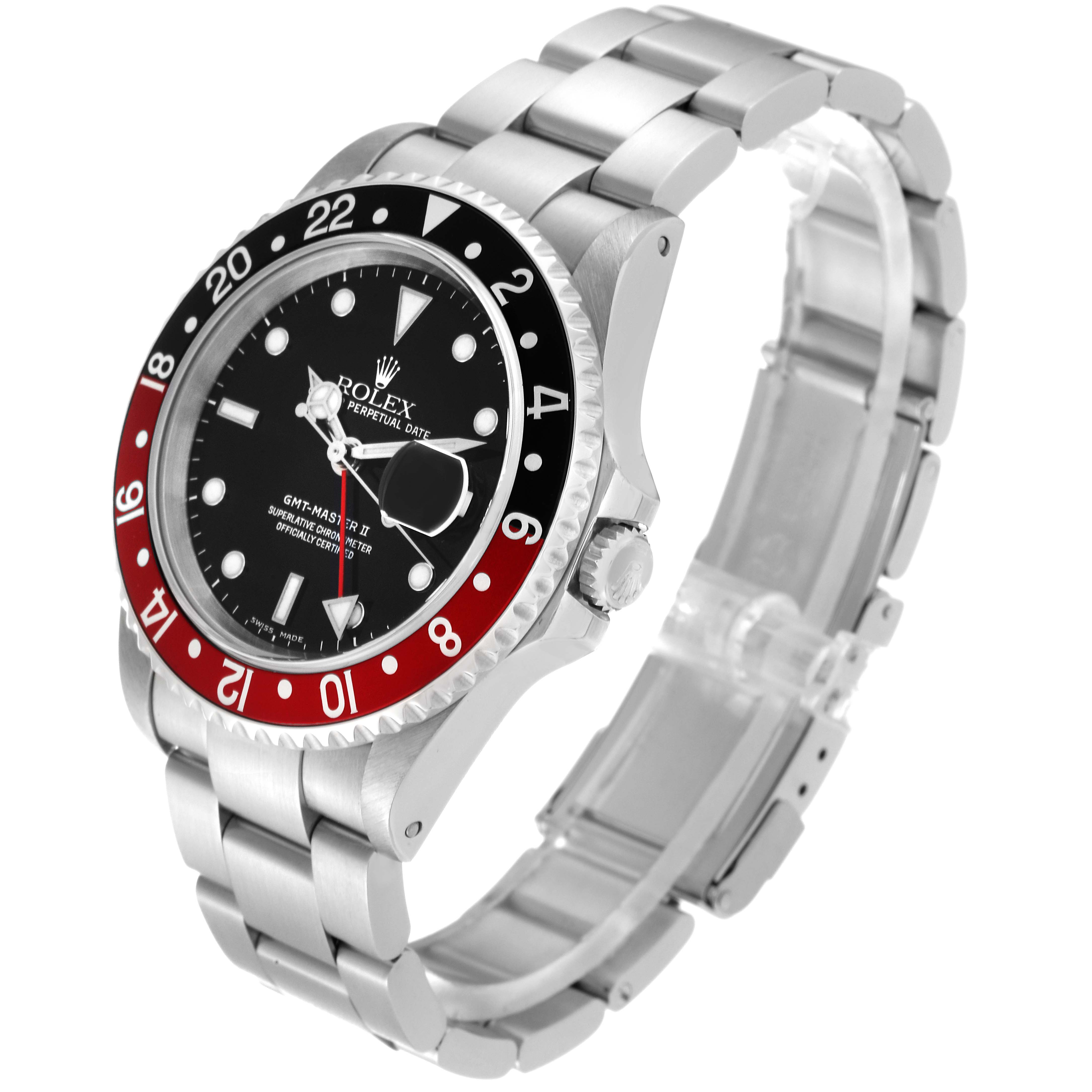 This image shows a Rolex GMT-Master 16710 Men's Stainless Steel Black Dial 16710 Men's Stainless Steel Black Dial II watch angled to highlight the face, bezel, crown, and bracelet.