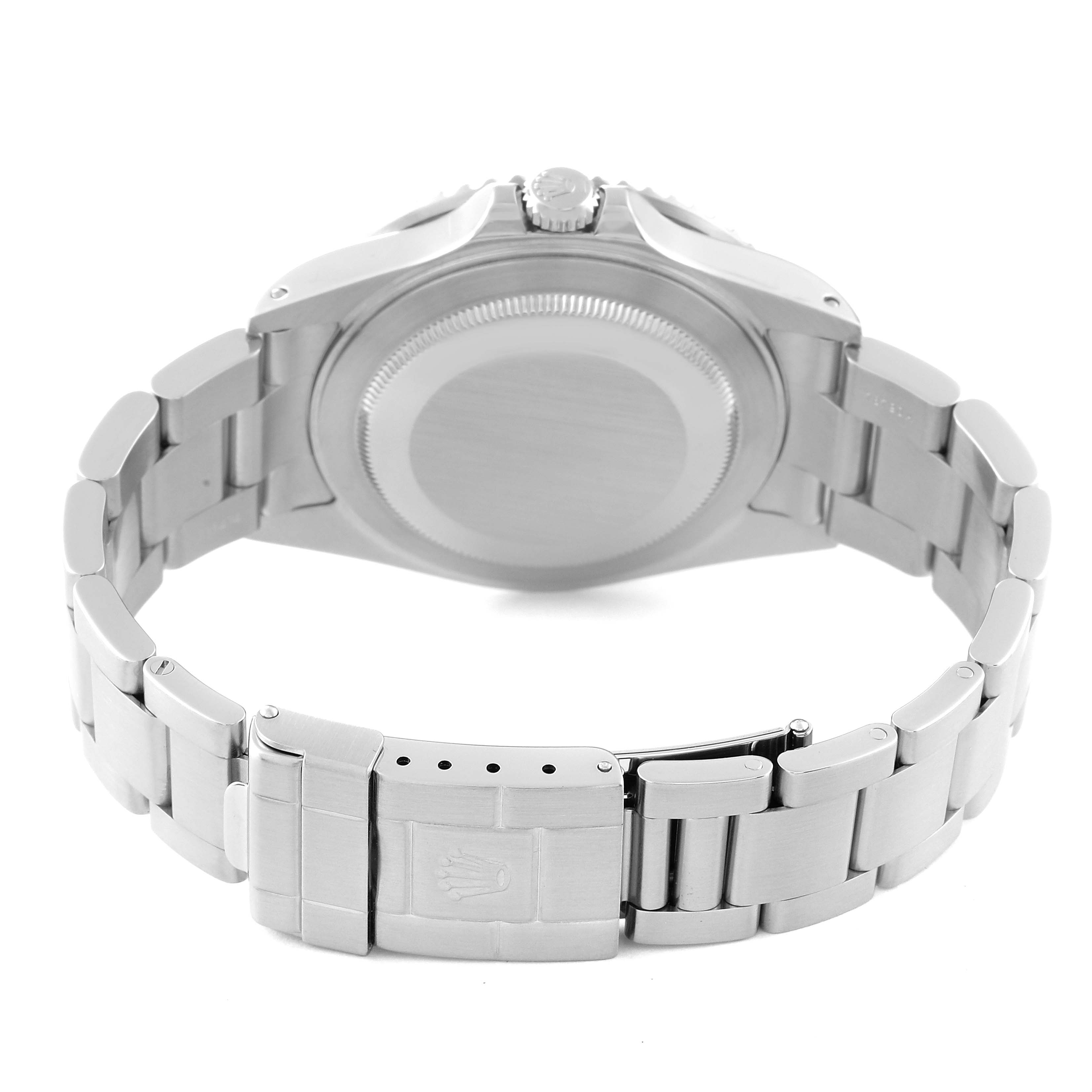 The image shows the back view of a Rolex GMT-Master 16710 Men's Stainless Steel Black Dial 16710 Men's Stainless Steel Black Dial watch, displaying the case back and stainless steel bracelet with clasp.