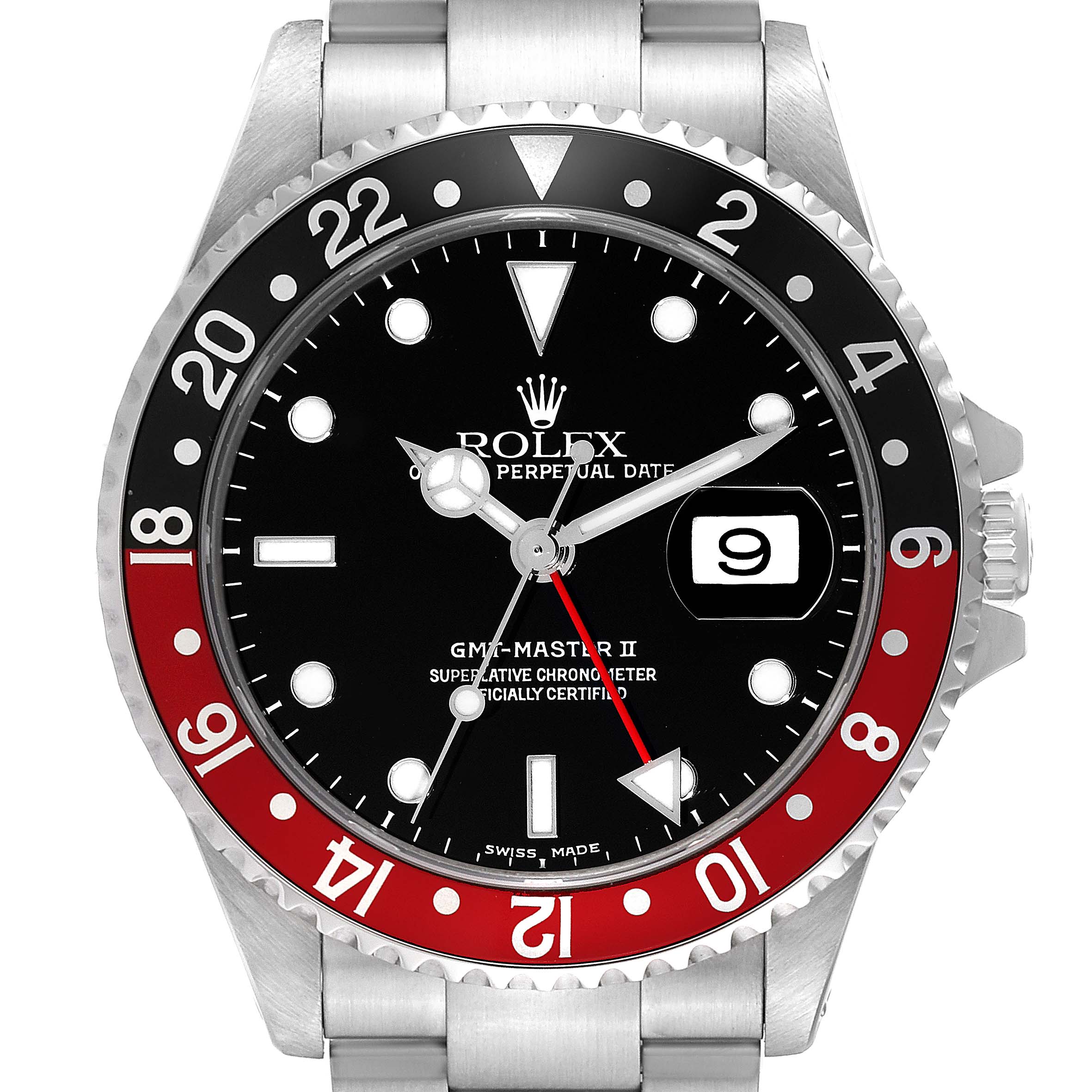The image shows a front view of a Rolex GMT-Master 16710 Men's Stainless Steel Black Dial 16710 Men's Stainless Steel Black Dial II watch, highlighting the bezel, dial, hands, and date window.