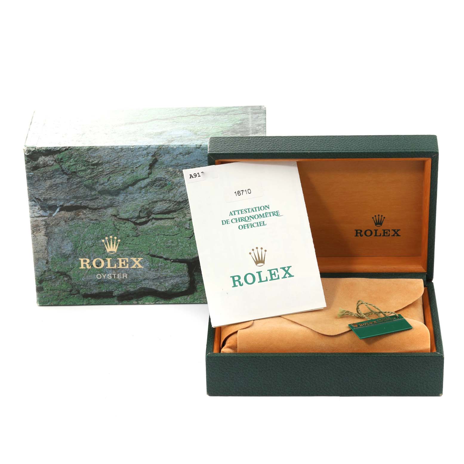 The image shows an open box for a Rolex GMT-Master 16710 Men's Stainless Steel Black Dial 16710 Men's Stainless Steel Black Dial watch, displaying the certificate and protective pouch inside.