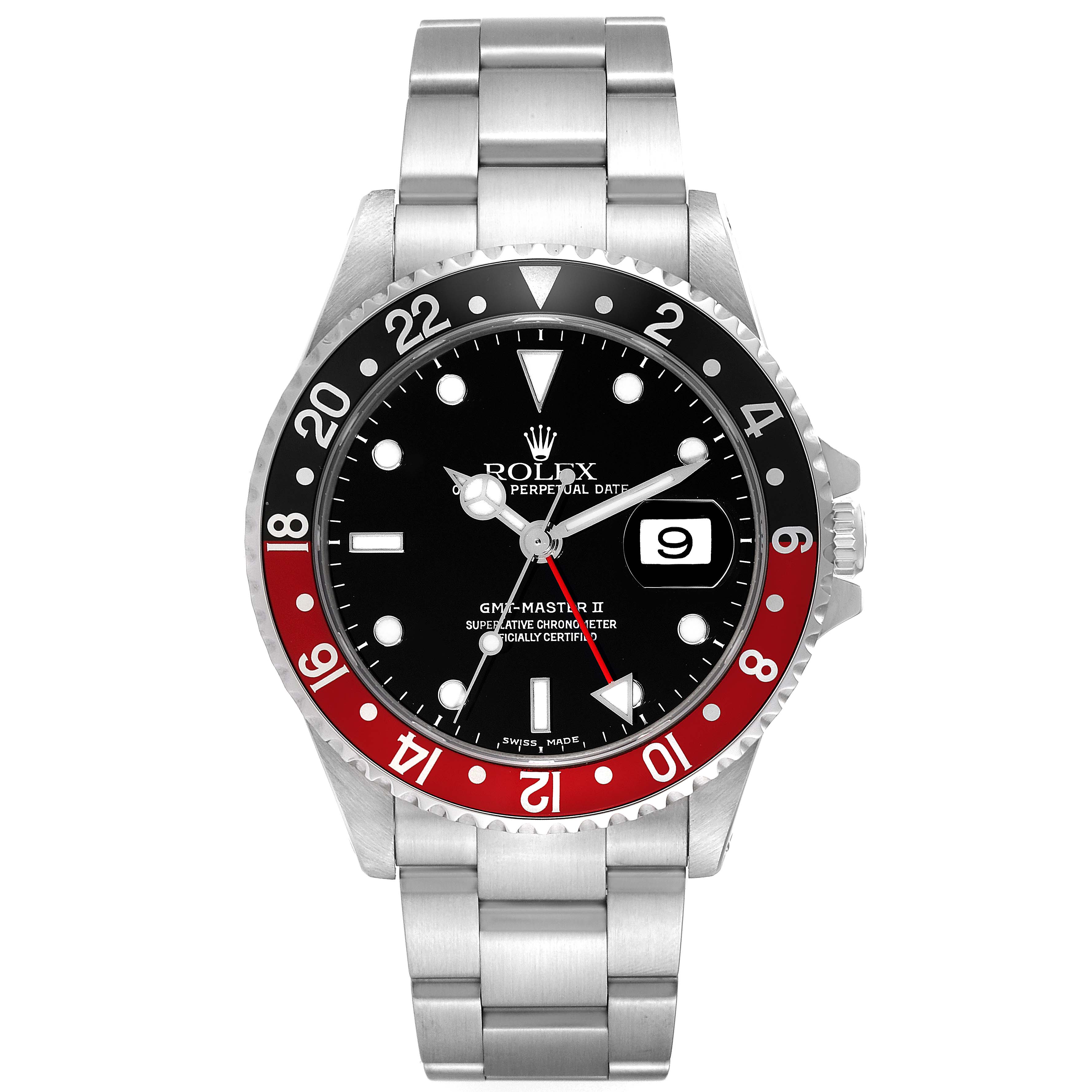 The image shows the front view of a Rolex GMT-Master 16710 Men's Stainless Steel Black Dial 16710 Men's Stainless Steel Black Dial II watch, displaying its face, bezel, bracelet, and crown.