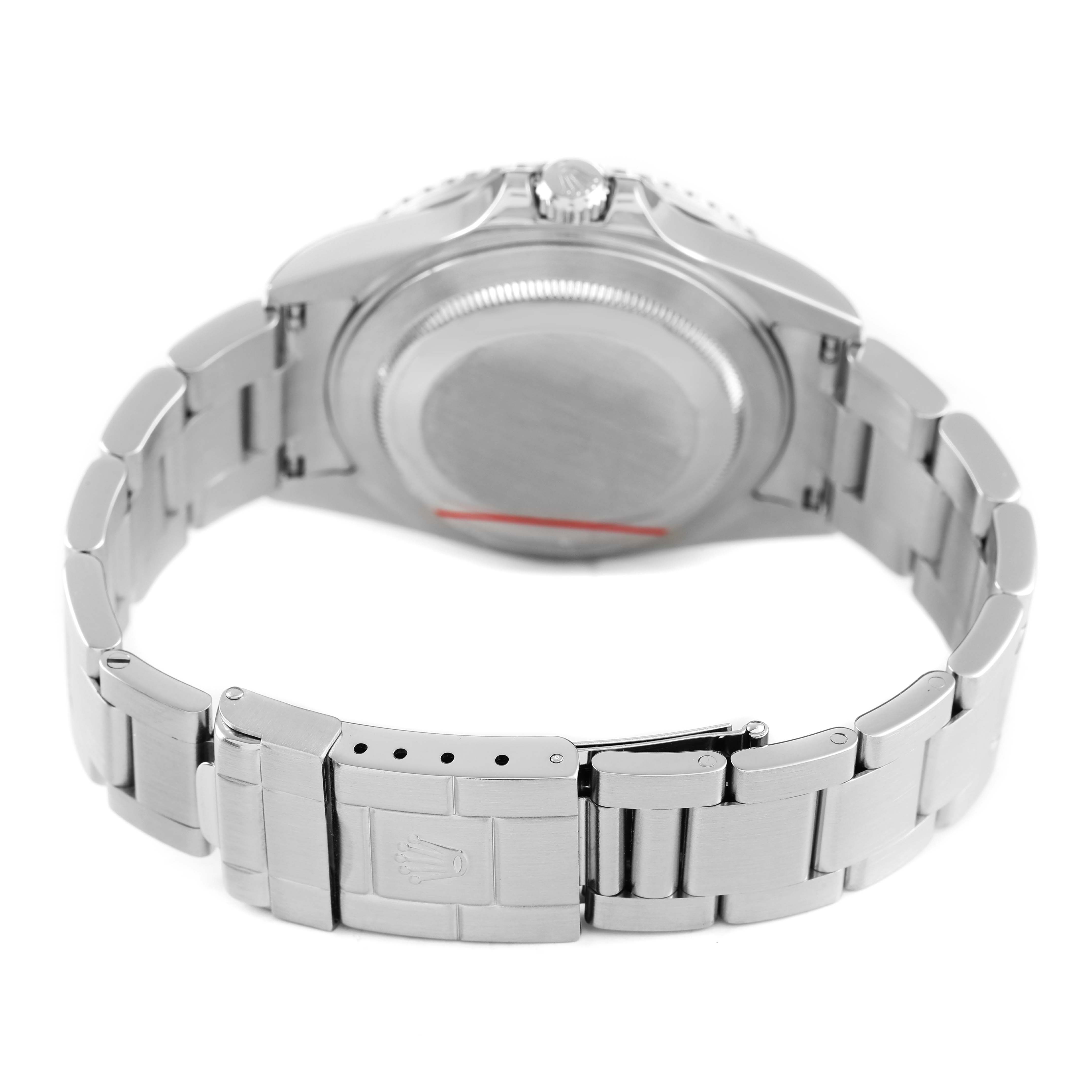 The image shows the back case and bracelet of the Rolex GMT-Master 16710 Men's Stainless Steel Black Dial, with a focus on the clasp and links.