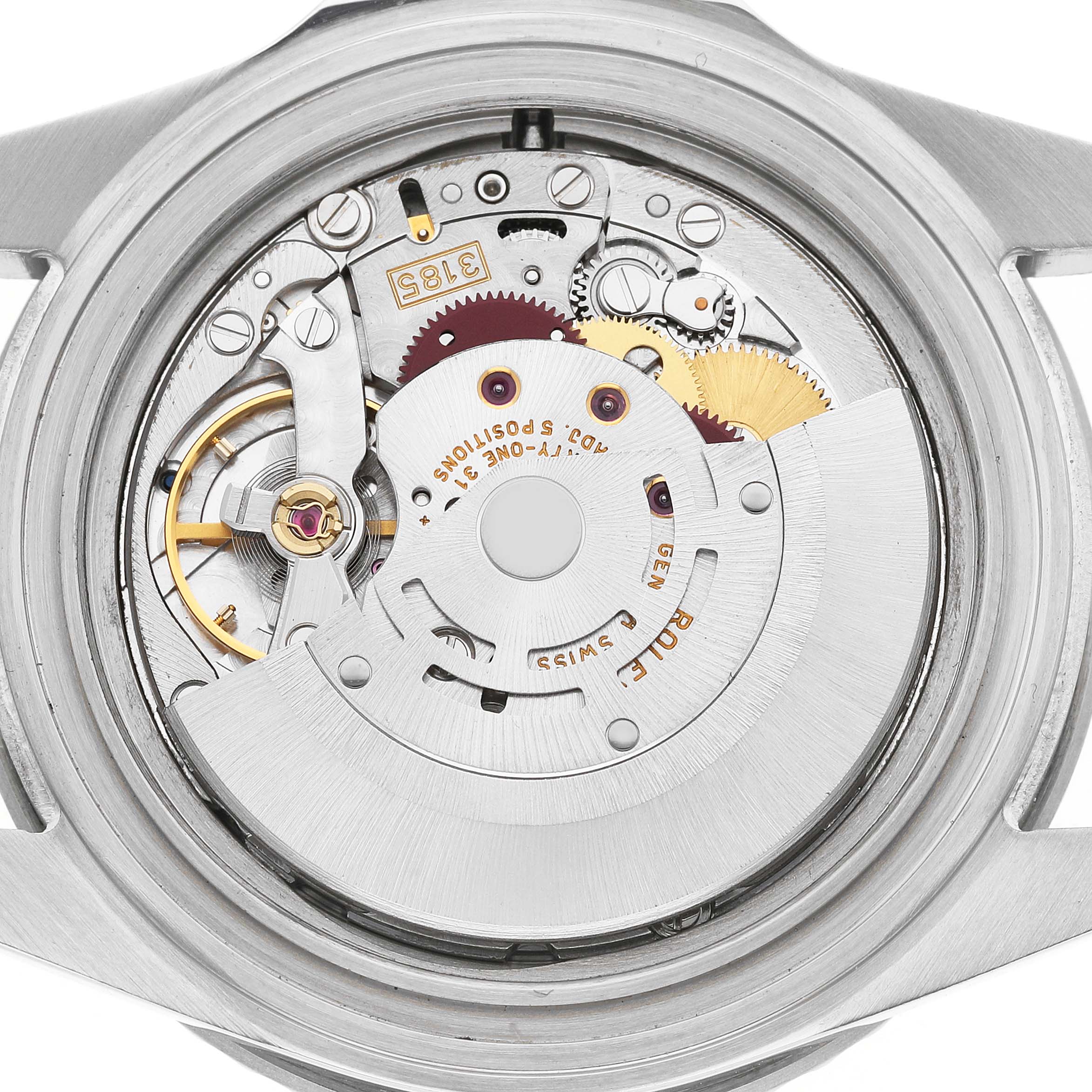 The image shows the Rolex GMT-Master 16710 Men's Stainless Steel Black Dial's movement from a top-down angle, highlighting the intricate internal mechanism.