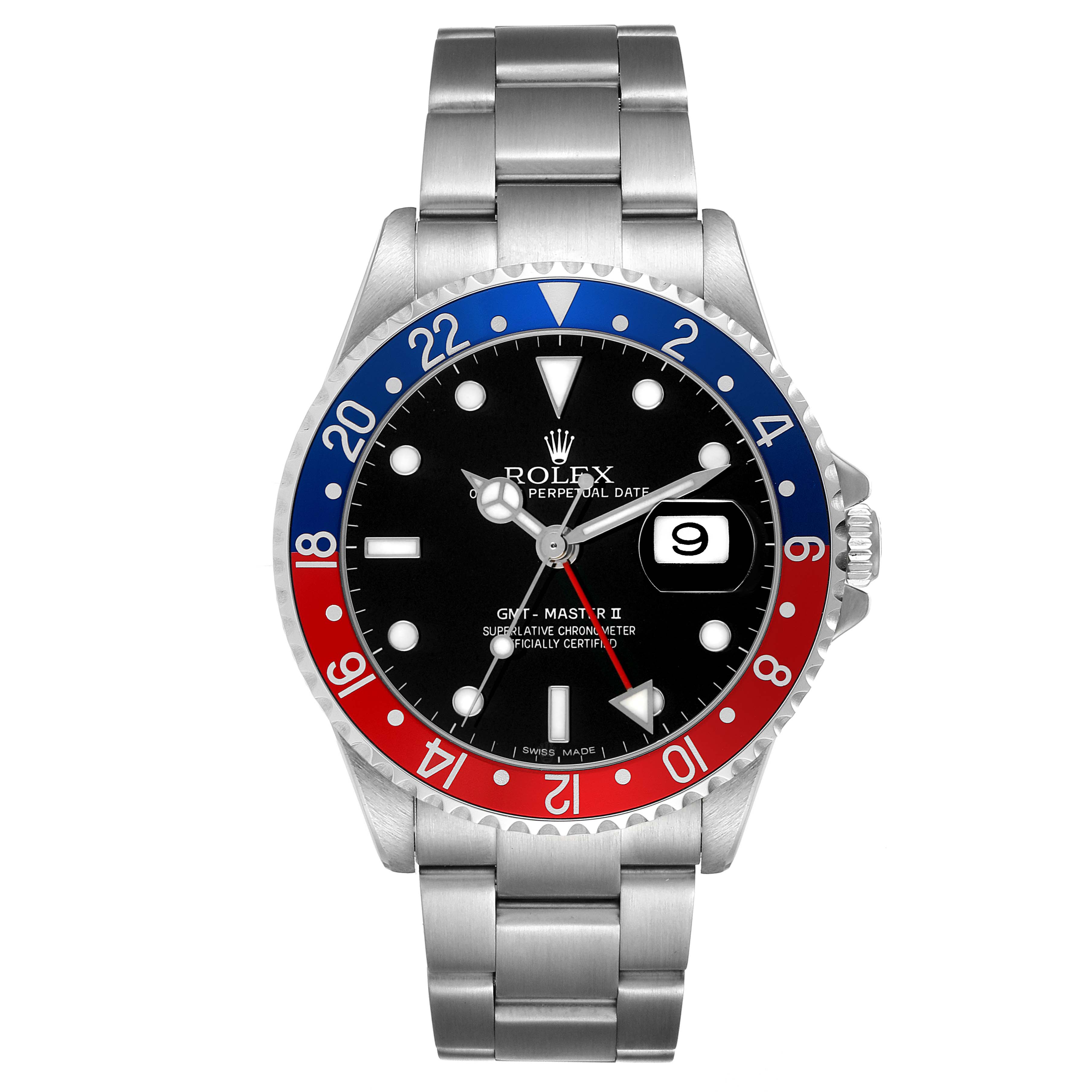 The Rolex GMT-Master 16710 Men's Stainless Steel Black Dial model is shown from a front angle, highlighting its bezel, dial, hands, and bracelet.