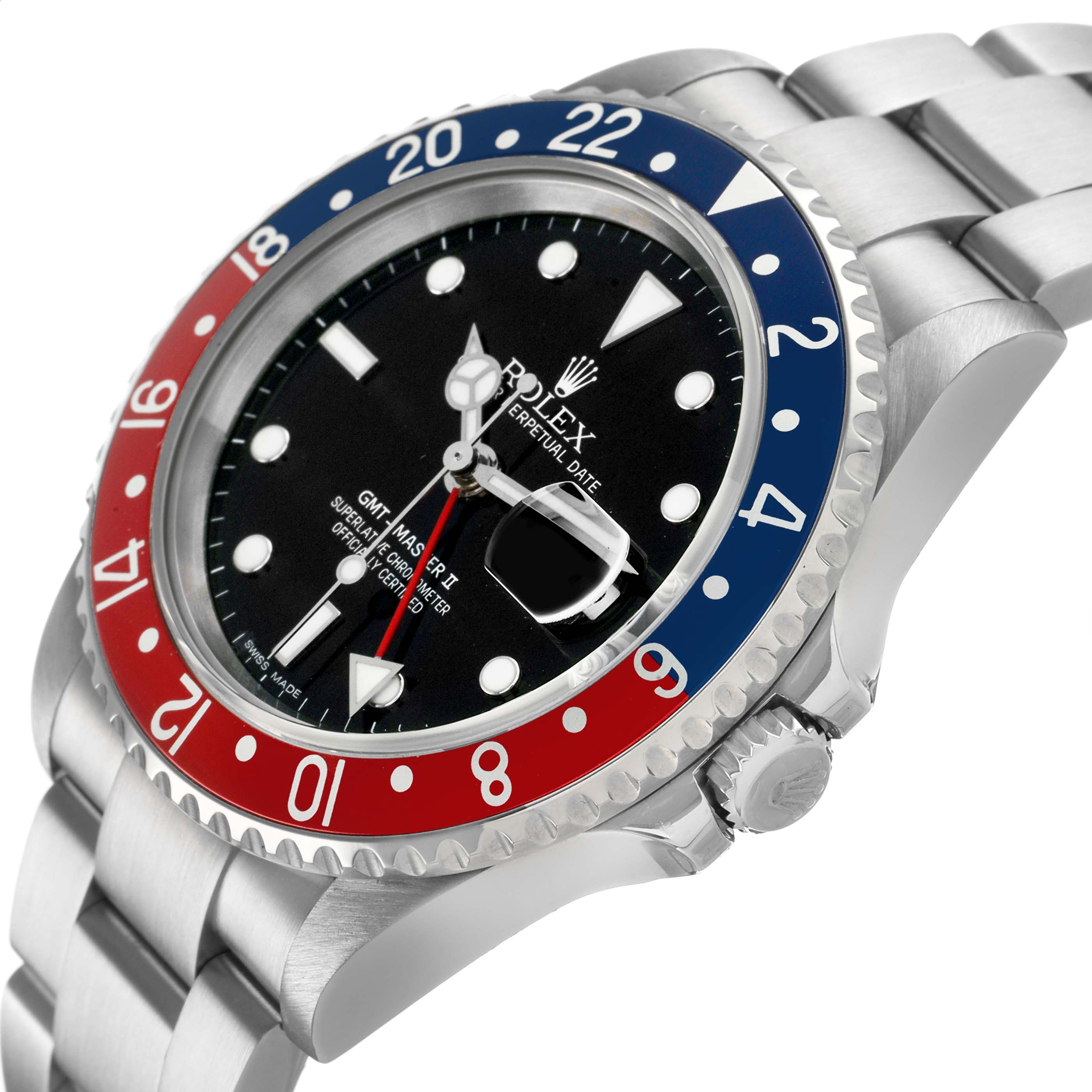 The Rolex GMT-Master 16710 Men's Stainless Steel Black Dial watch is shown at a three-quarter angle, displaying the bezel, crown, and part of the bracelet.