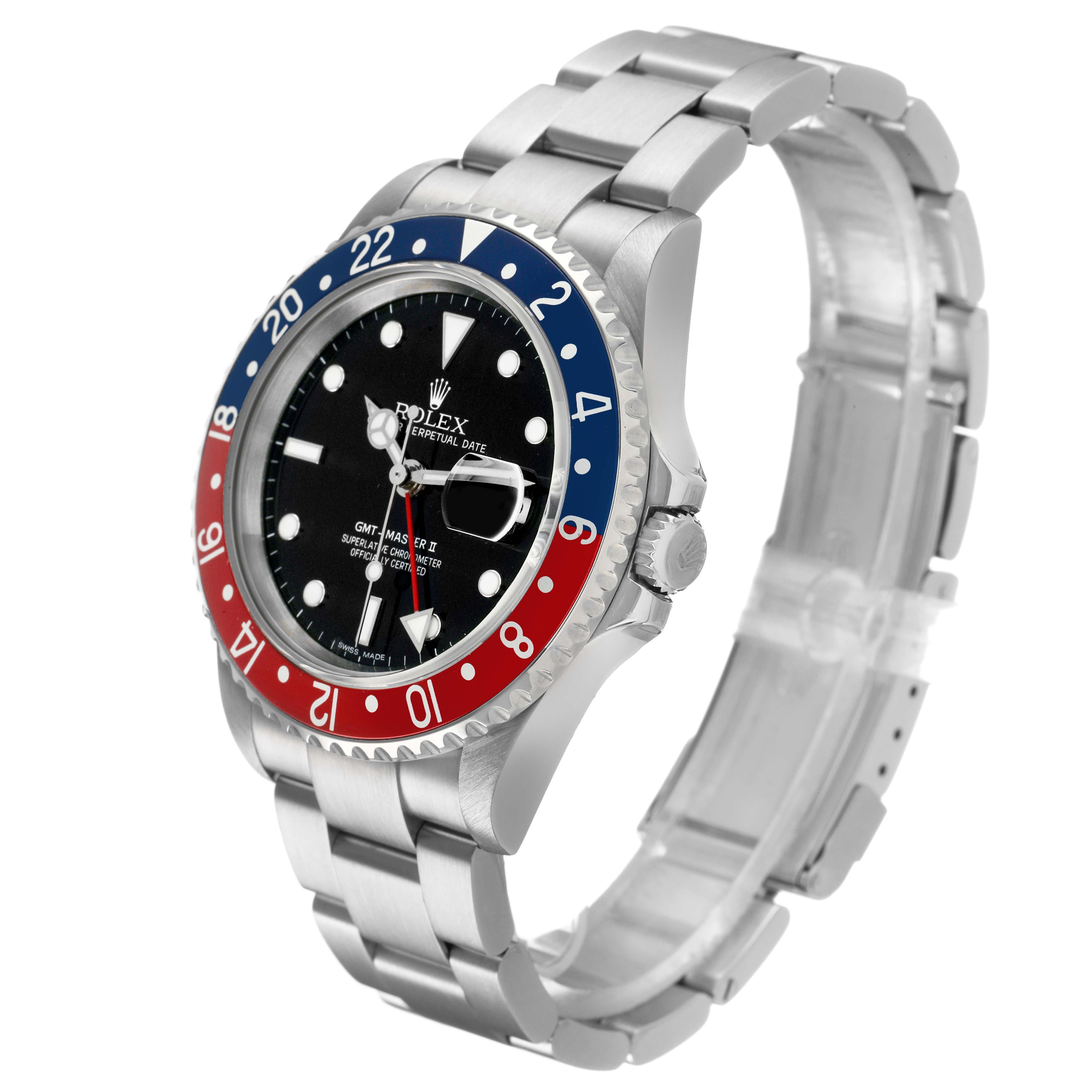 The Rolex GMT-Master 16710 Men's Stainless Steel Black Dial watch is shown at a three-quarter angle, displaying the face, bezel, and bracelet.