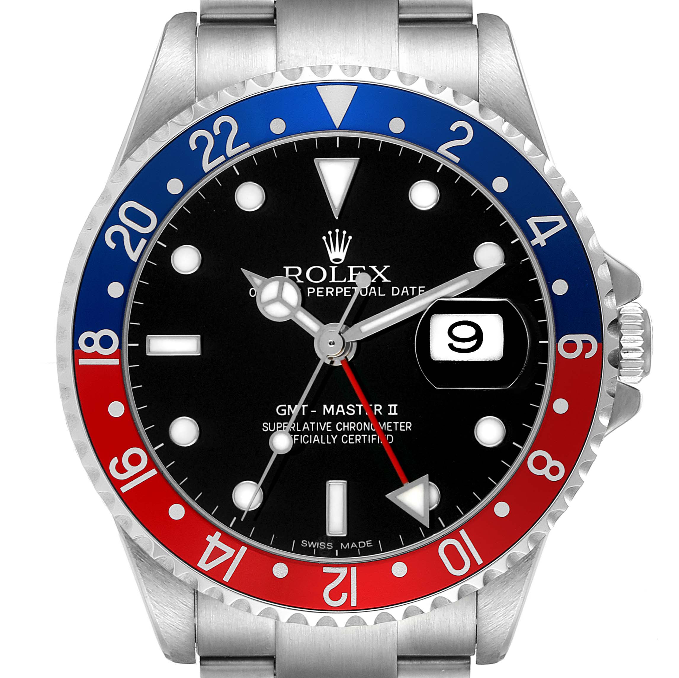 The Rolex GMT-Master 16710 Men's Stainless Steel Black Dial II watch is shown from the front, featuring its bezel, dial, hands, date window, and part of the bracelet.