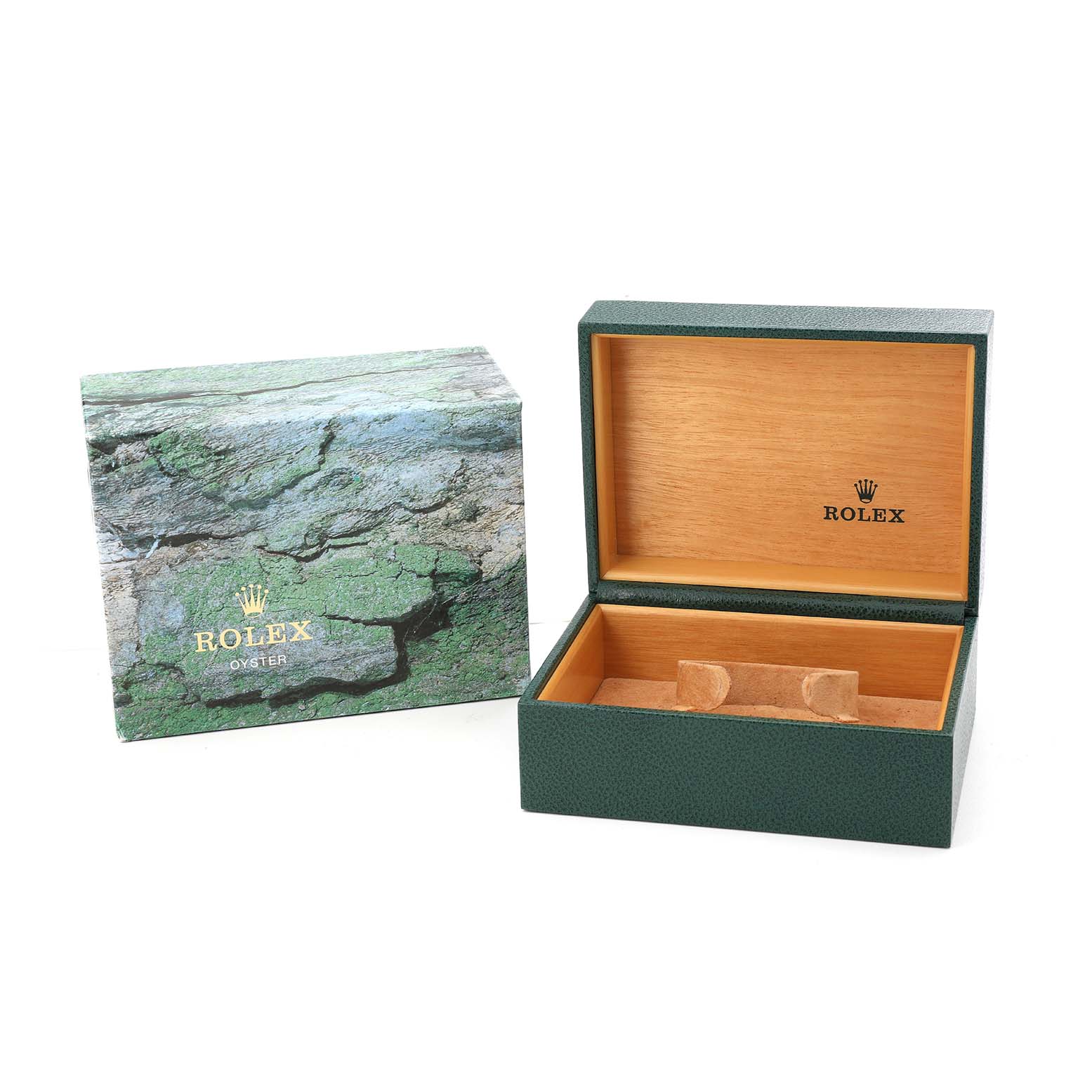 The image shows a Rolex GMT-Master 16710 Men's Stainless Steel Black Dial watch box set, including an open green box with wood interior and an outer packaging.